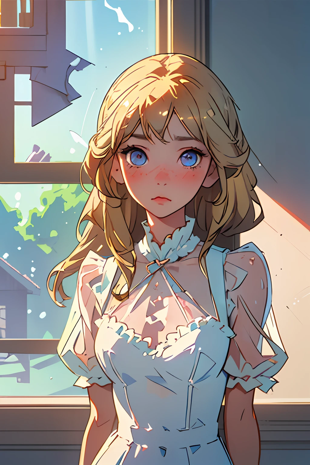 (best quality, masterpiece), 1girl, intricate details, frills, see-through, looking at viewer, sunlight from windows, blush, blonde, standing, upper body,