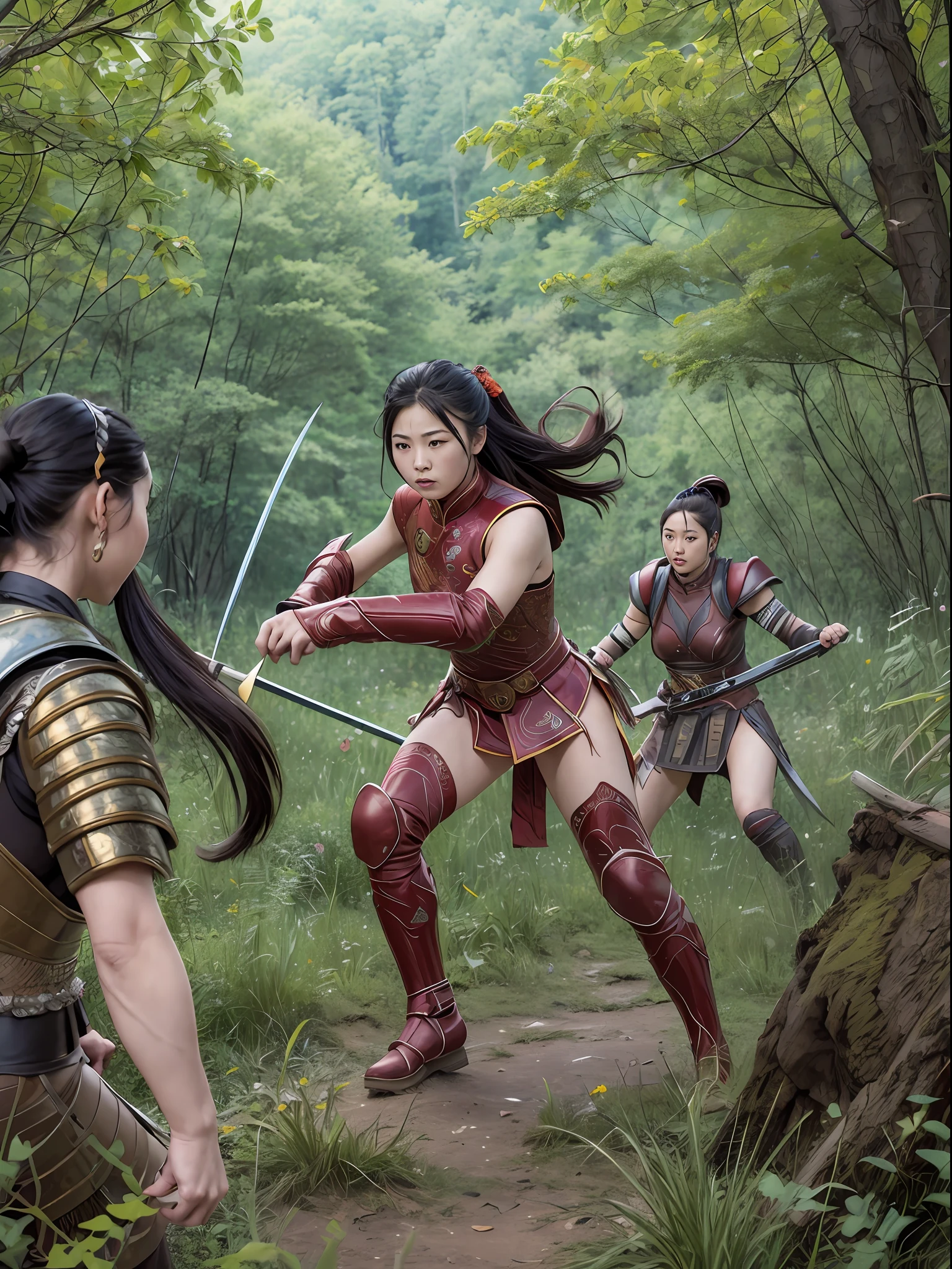 comic artstyle, The lines are intricate,The colors are naturally soft,Delicate and neat,Chinese female warrior in armor,Fight a group of barbarians in the forest,The battle was fierce