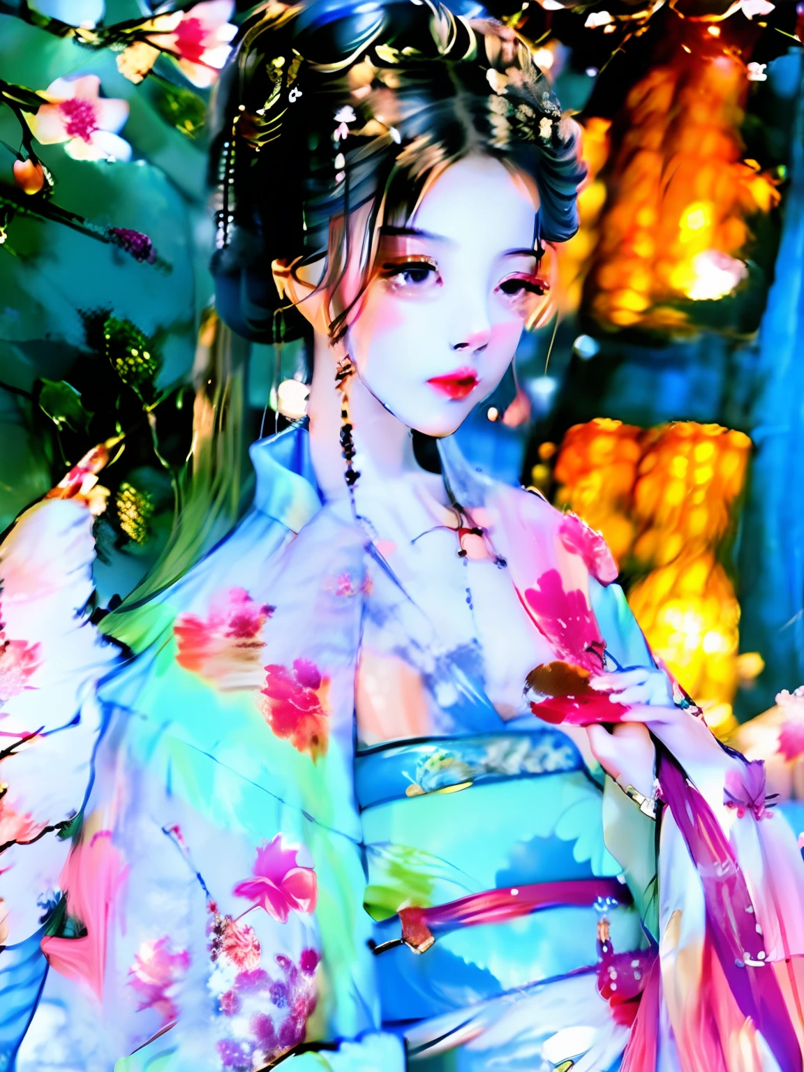 Woman in blue and pink dress sitting on a rock, Hanfu, Palace , A girl in Hanfu, Wearing ancient Chinese clothes, with acient chinese clothes, White Hanfu, pale and coloured kimono, Traditional Chinese clothing, Wearing a luxurious silk cloak, flowing magical robe, Beautiful image, dressed with long fluent clothes, Flowing robes, Wearing beautiful clothes