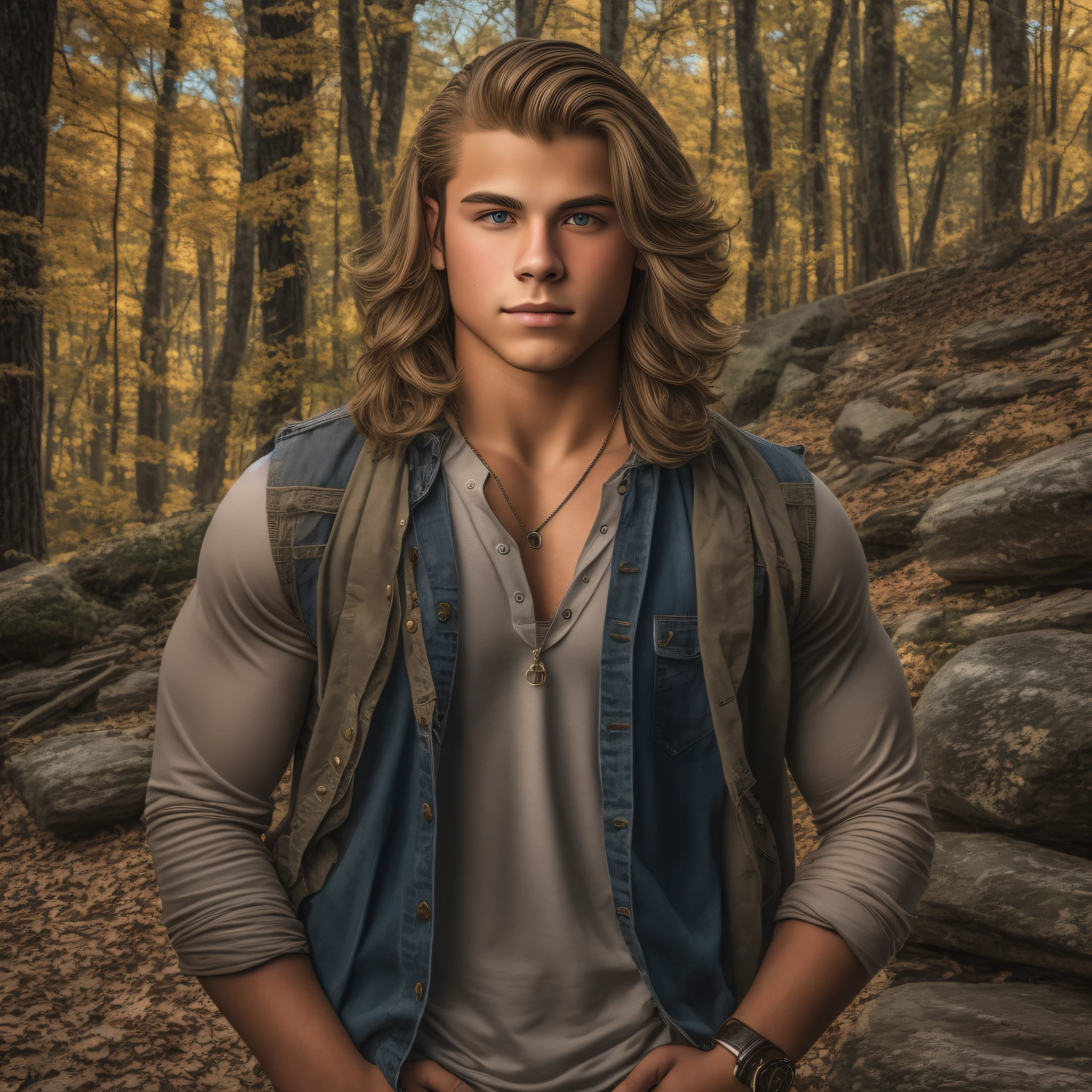 An 18-year-old boy frat bro, embodying the perfect fusion of Joey Lawrence and Cody Calafiore with long hair, exuding an aura of strength and confidence. Enhanced with HDR technology, this image depicts a true masterpiece, 4K resolution, Appalachian vibes