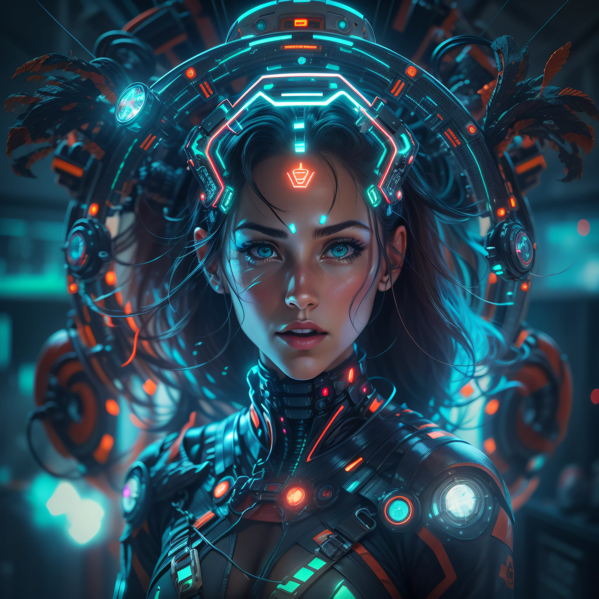 mujer cyborg exuberante y voluptuosa echa de cristal que deja ver su interior, repleta de motores, reles. circuitos y luces indicadoras led de color verde,azul y rojos. fondo sala de control de spacecraft. (( manos y dedos perfectos)).