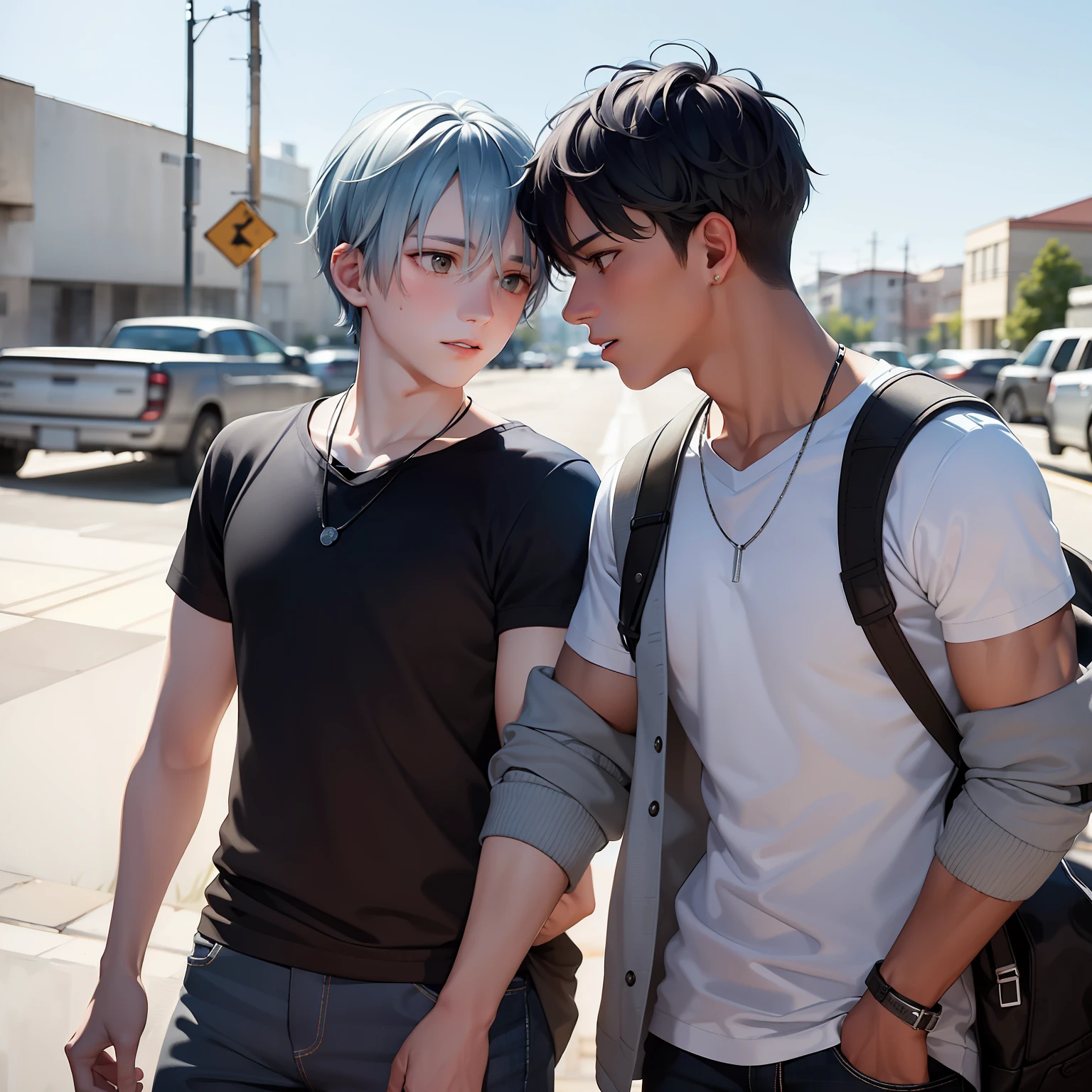In the background is a silver city Two 15-year-old age friends with blue hair, With Latin skin and light gray hair on the outskirts of a large silver city they are talking about an important topic they are friends almost like brothers.......