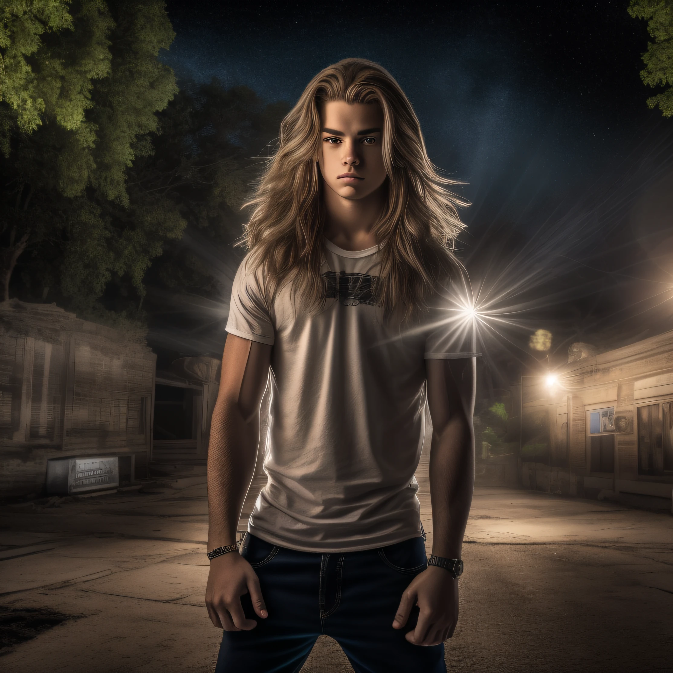 An 18-year-old boy bully, embodying the perfect fusion of Joey Lawrence and Cody Calafiore with long hair, exuding an aura of strength and confidence. Enhanced with HDR technology, this image depicts a true masterpiece, 4K resolution, in the style of furious fotog, outdoor lighting, light reflections