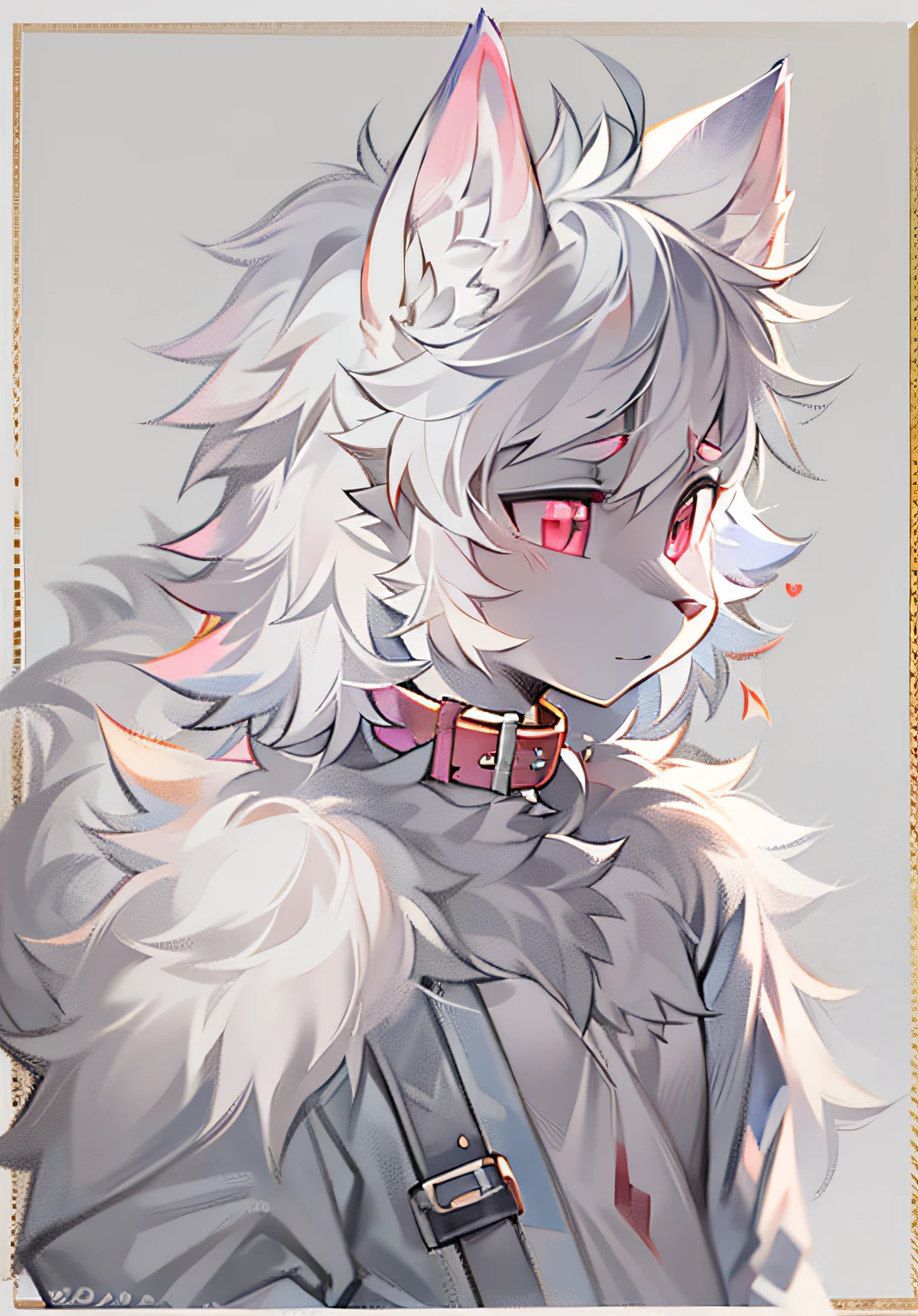 eyes with brightness, shaggy, Libido boy,, A fluffy tail, White fur, Pink eyes,Black left tear nevi,12year old,Gray hair,White plain shirt,Black denim trousers,,white fox,simplicity,with thin legs,Collar,Standing painting