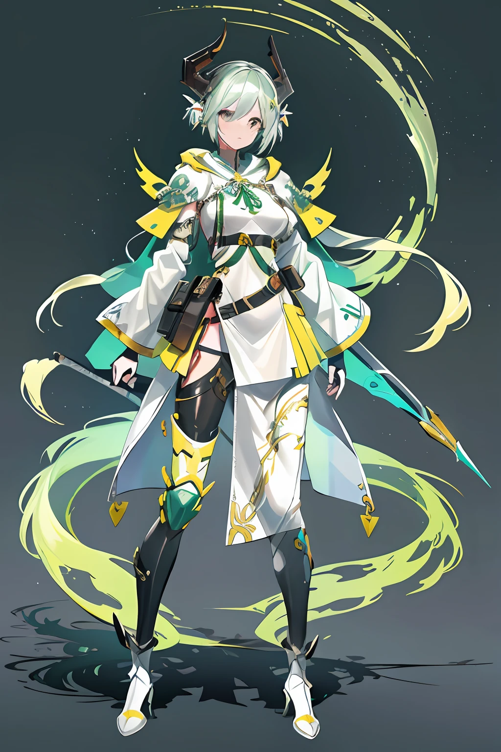 Character design,schematics,Diagram,offcial art,ultra - detailed,intricately details,a warrior woman,afofuturism,Green dominant color,long whitr hair,headset on head,gyuru,The shirt,Manteau,shorter pants,Green Dragon,Dragon's horn,the elf,mitts,leg loops,high-heels,Forest life elements,tmasterpiece, high qulity,CG style,unreal 5 render,独奏,