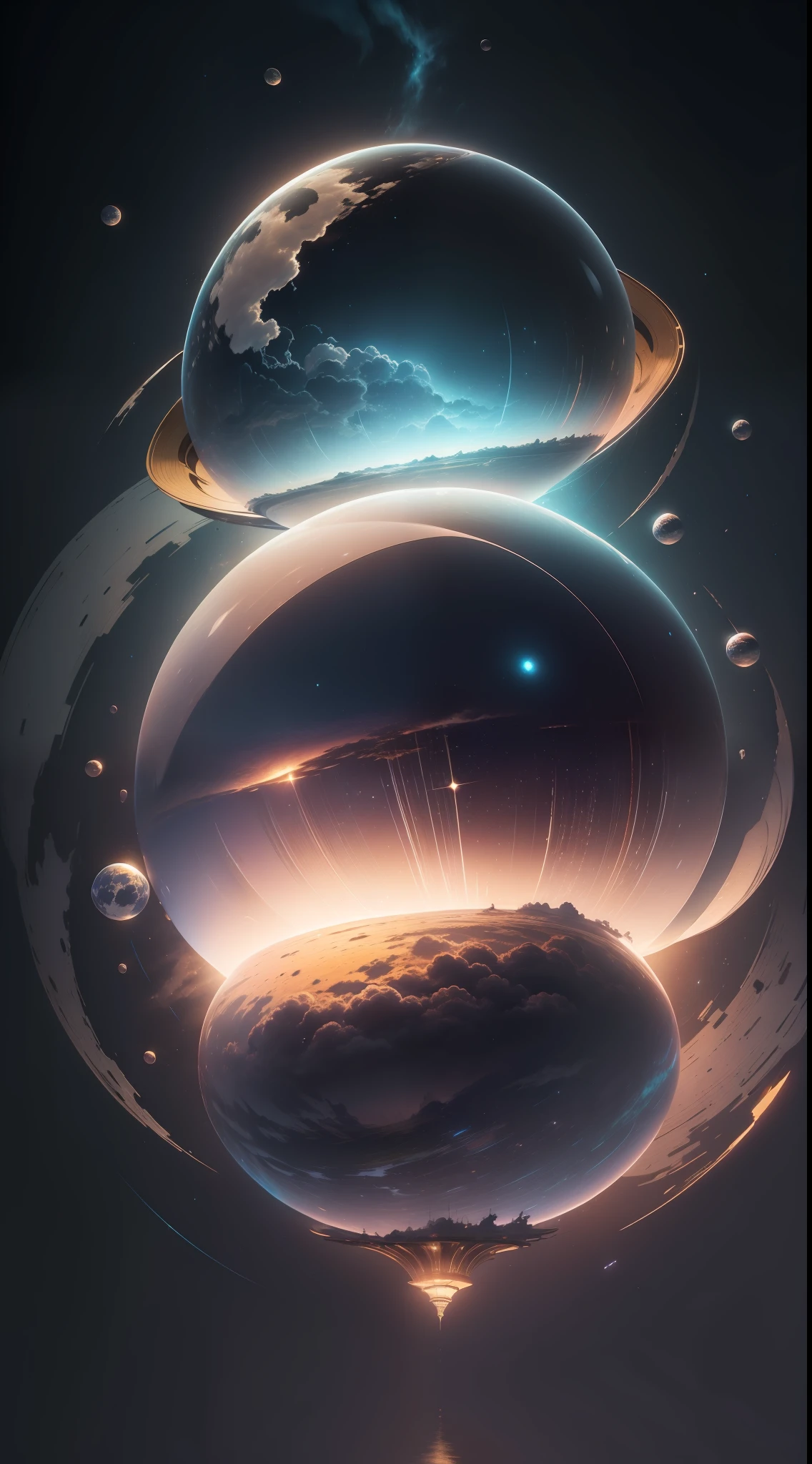 Giant mirrored sphere floating in space, luzes cintilantes,  particles in the air, raios de deus, estrelas ao fundo, fractais intrincados, detalhados, (illustration), obra-prima, alta resolução, melhor qualidade.