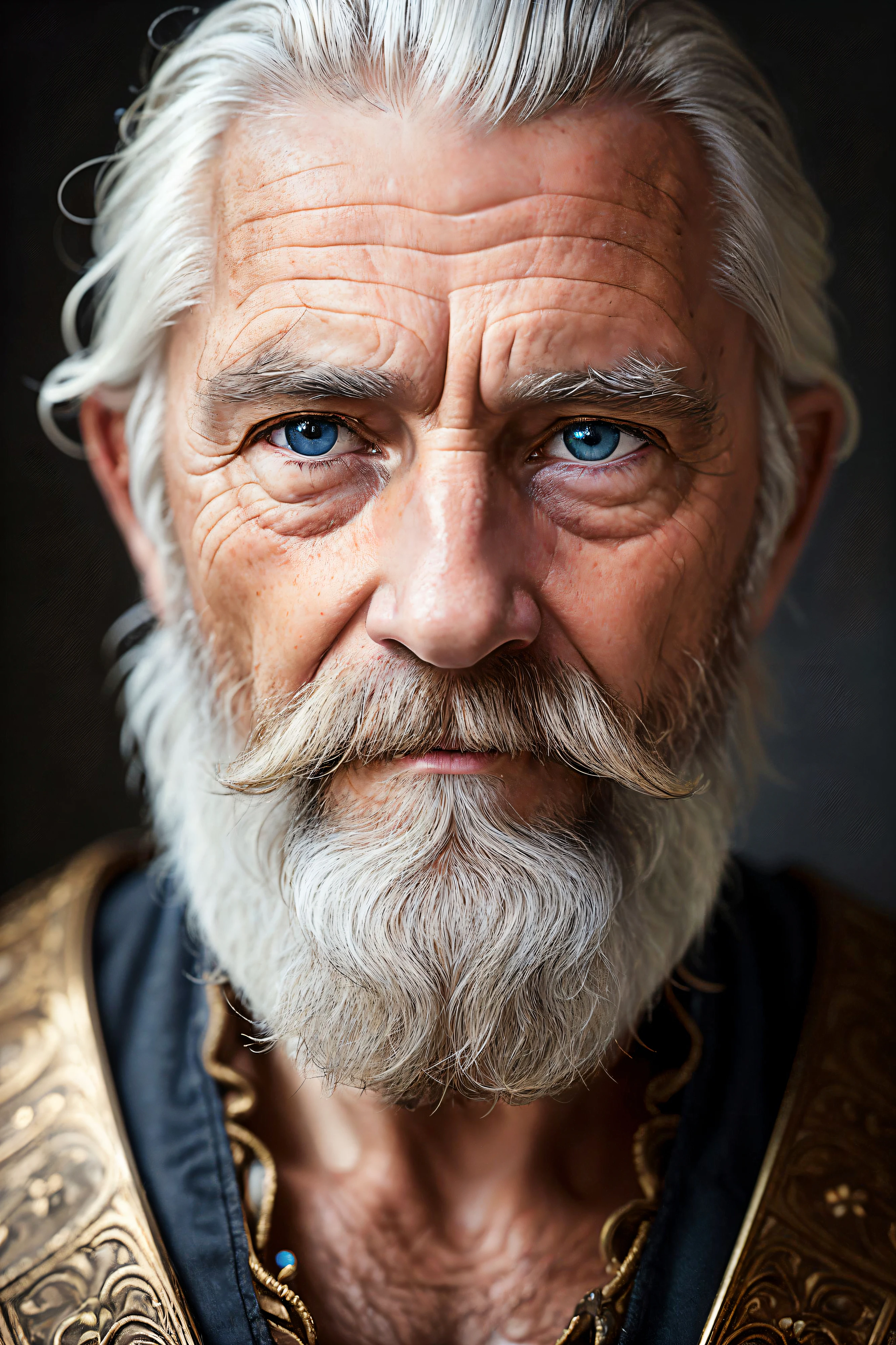 dark theme, ultra resolution, hyper realistic, hdr, absyrdres, cinematic shot, vignette, centered, short DOF,
a closeup portrait of an old man, Scandinavian, looking at camera,
blue old eyes,
short white hair, one braided hair curl, white VIKING BEARD,
missing teeth,
narrow face
dark skin, wide shoulders, weathered by sun and sat water,
royal doublet with gold patterns,
royal chambers
camera focus on an eye, high focal length, dslr, 200mm lens,
photo by Cristina Otero, dark studio, rim lighting, two tone lighting, dimly lit, low key, backlight,