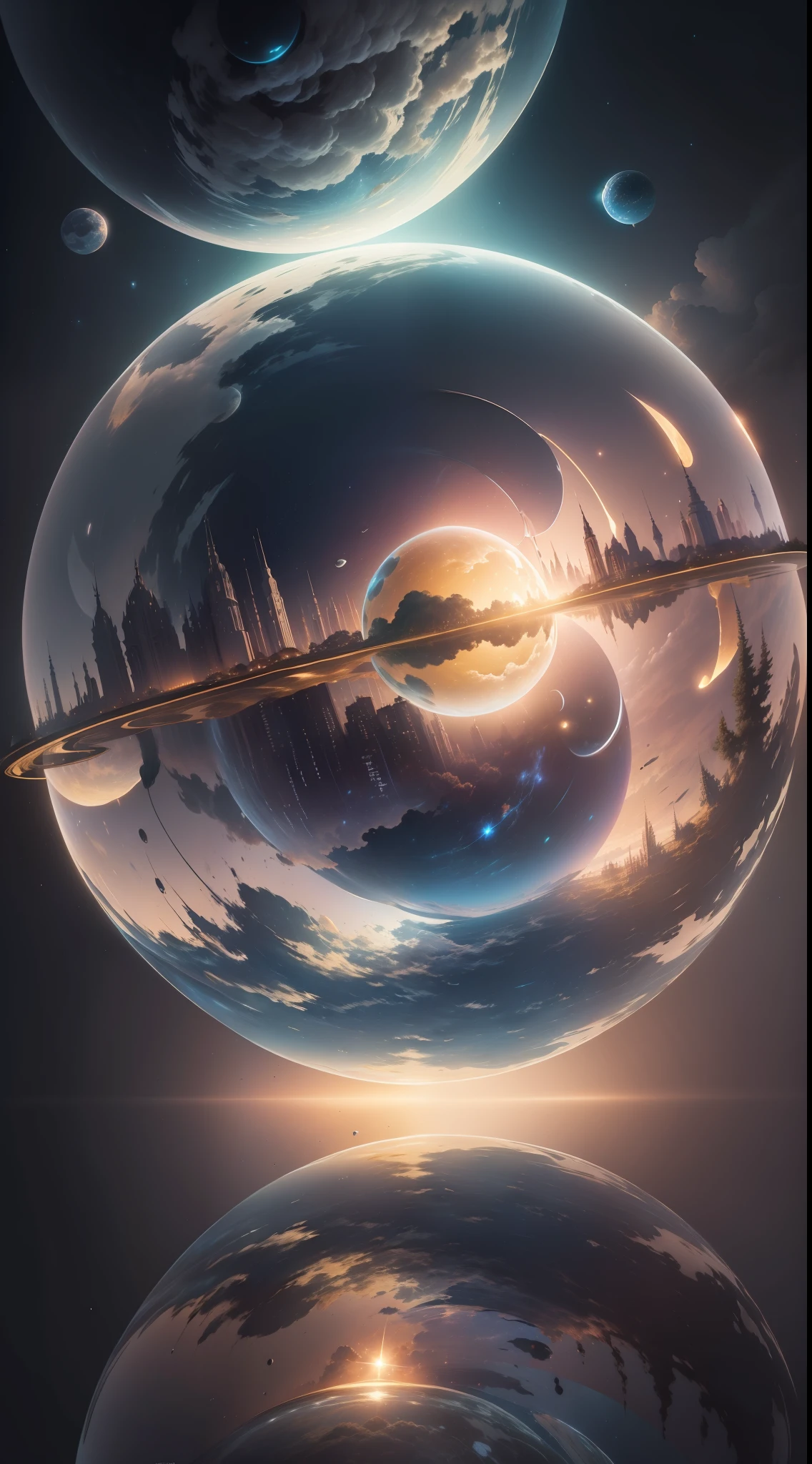 Giant mirrored sphere floating in space, luzes cintilantes,  particles in the air, raios de deus, estrelas ao fundo, fractais intrincados, detalhados, (illustration), obra-prima, alta resolução, melhor qualidade.