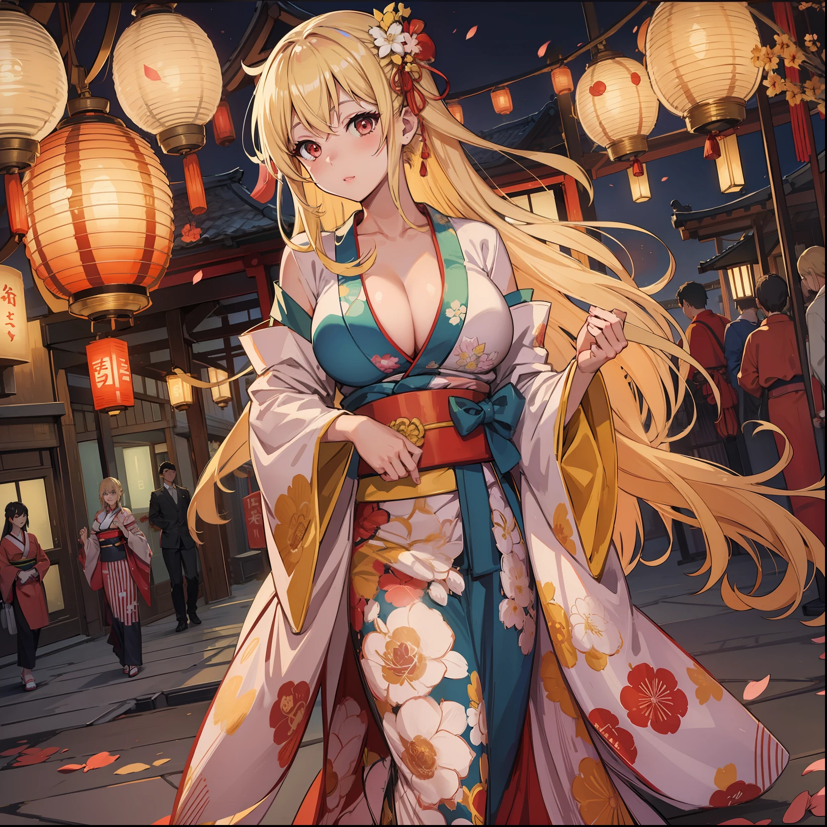 Illustrate an anime girl in a traditional kimono, strolling through a lantern-lit festival, radiating charm and elegance, blonde, full body shot, sexy, seductive, , revealing outfit, large breasts, cleavage