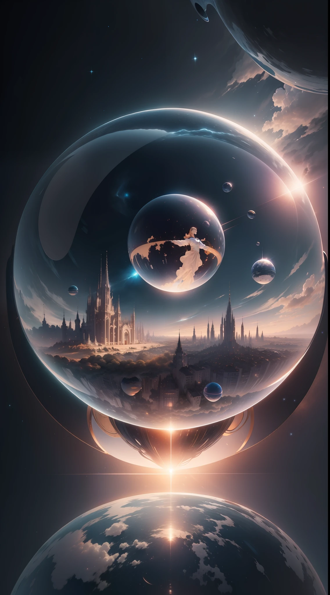 Giant mirrored sphere floating in space, luzes cintilantes, particles in the air, raios de deus, estrelas ao fundo, fractais intrincados, detalhados, (illustration), obra-prima, alta resolução, melhor qualidade.