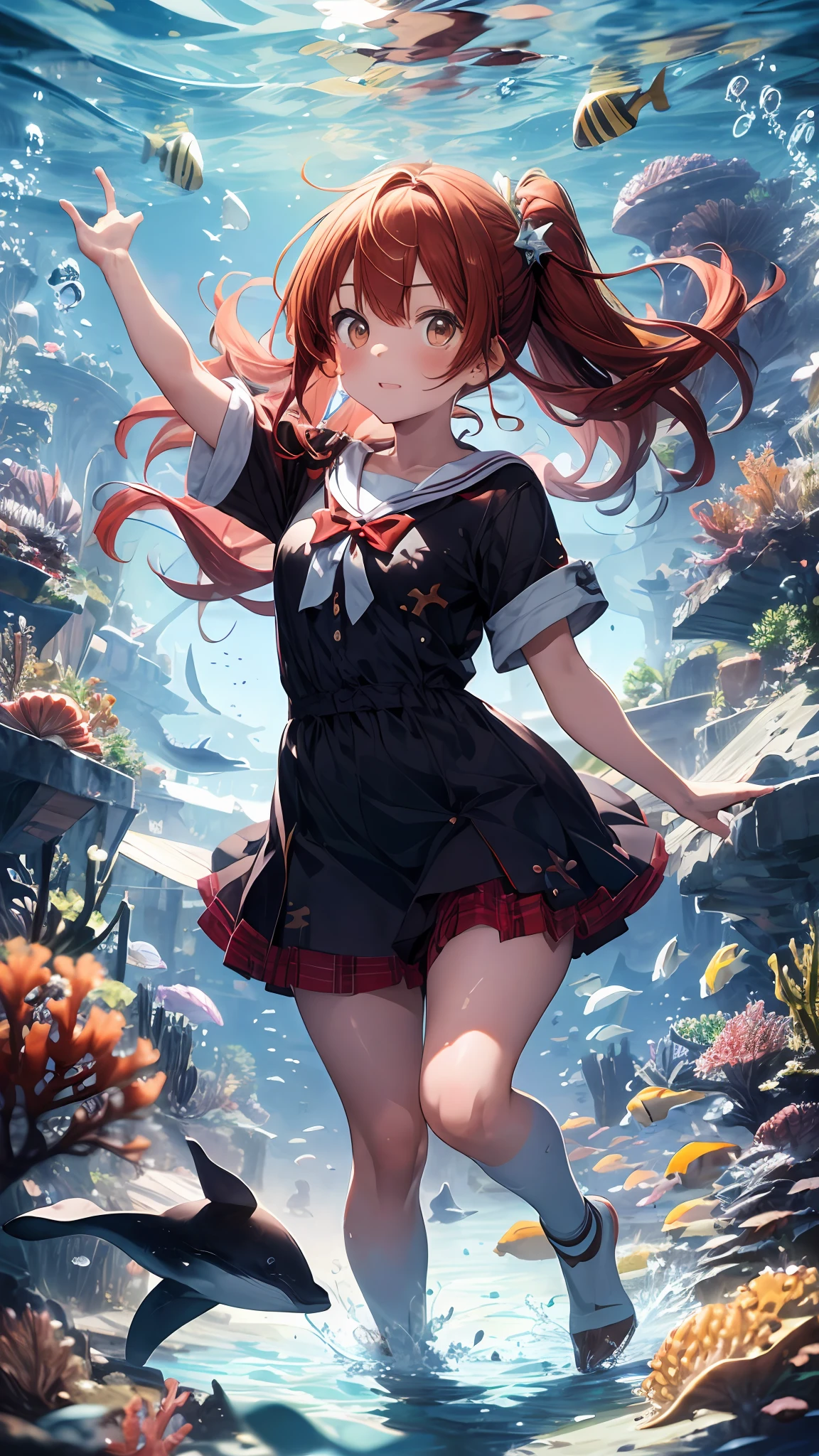 ((best quality)), ((masterpiece)), 1girl, whale, under the sea, full body, rainbow bubbles, foams, sea creatures, red hair , gold eyes