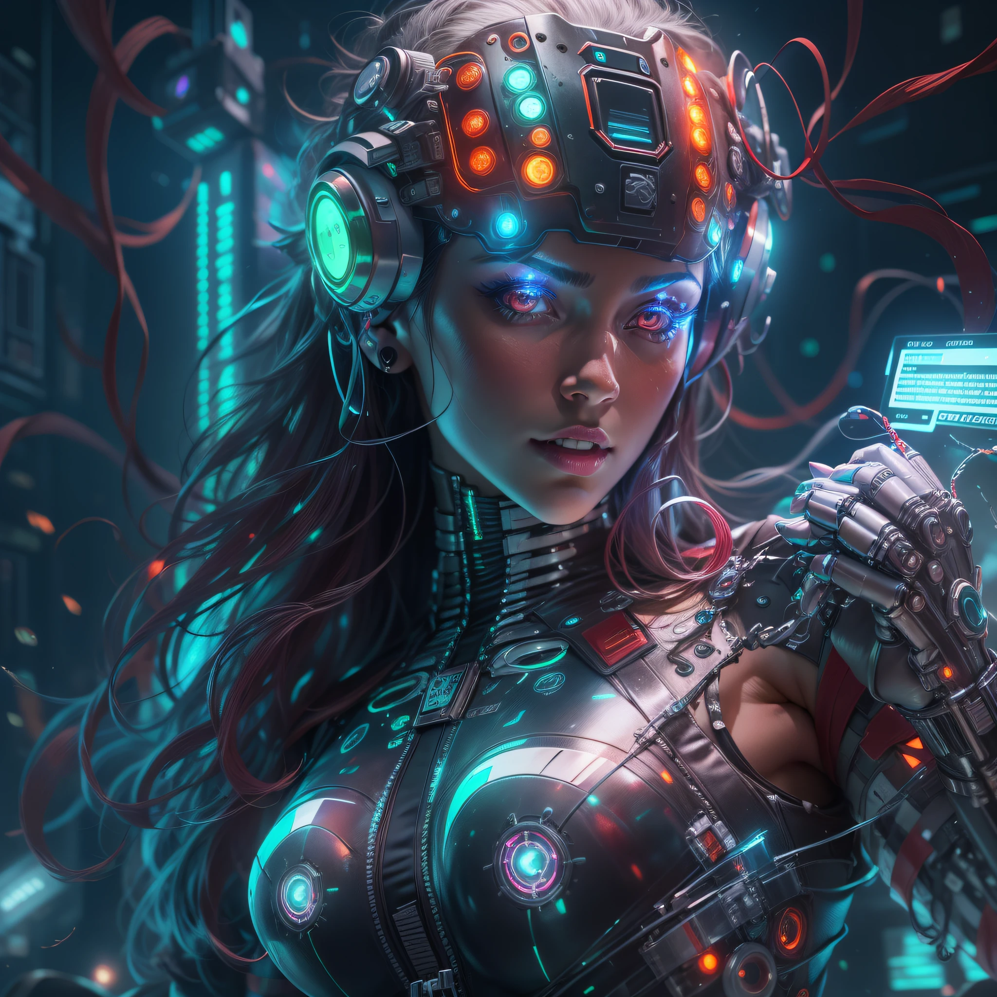 mujer cyborg exuberante y voluptuosa echa de cristal que deja ver su interior, repleta de motores, reles. circuitos y luces indicadoras led de color verde,azul y rojos. fondo sala de control de spacecraft. (( manos y dedos perfectos)).