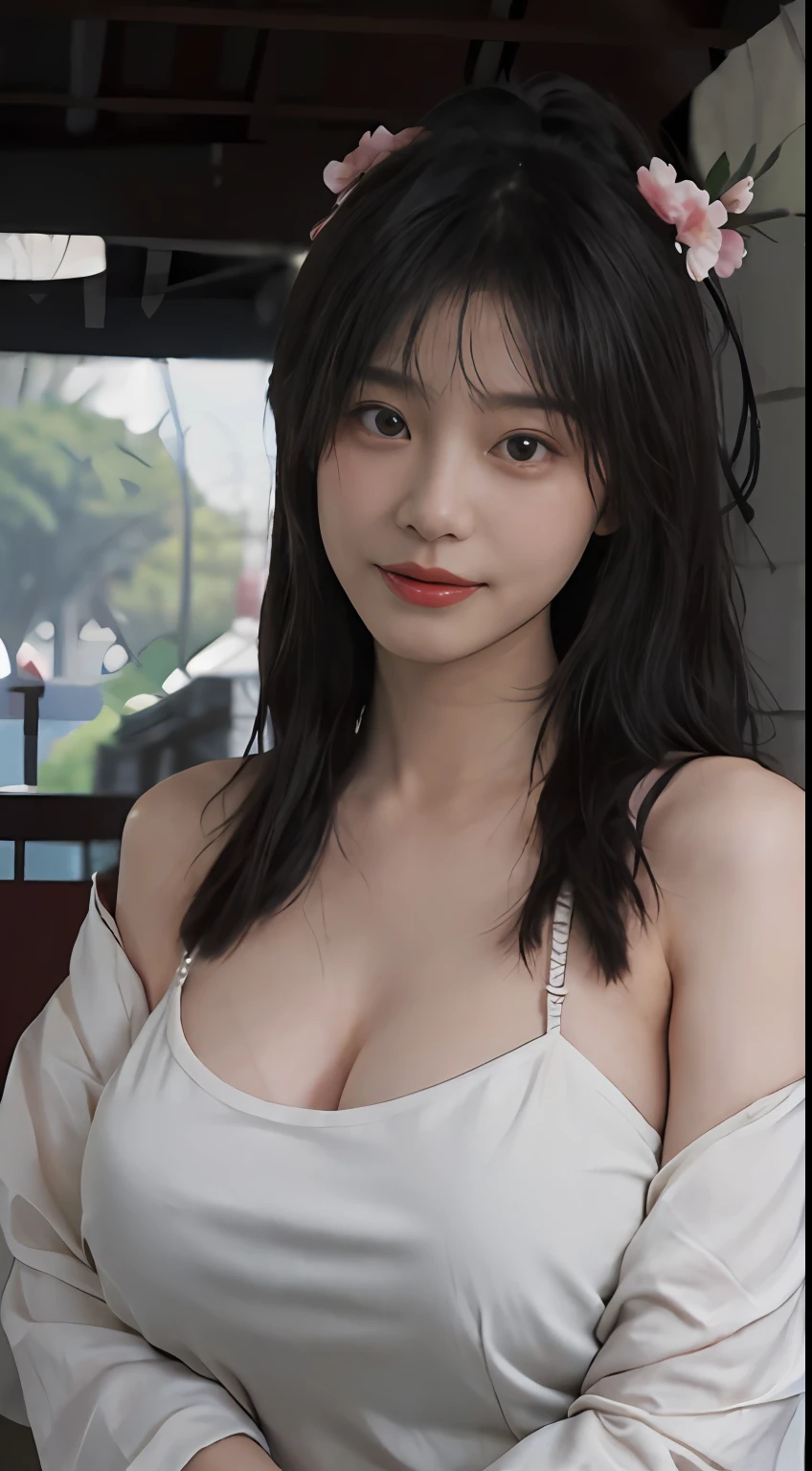 best qualtiy, 超高分辨率, (realisticlying:1.4), one-girl, A pair of clear and moving peach blossom eyes,Royal Sister,Fair skin,Perfect body,Exquisite facial features,(full bodyesbian:1.6)a sense of atmosphere,Absolutely beautiful girl, ssmile,Look at the audience tenderly ,HD close-up ,deep v big breasts,(Photorealistic:1.4),Sexy ,(Big breasts:1.9),(Upper body:1.4),(Wet body),(:1.2)