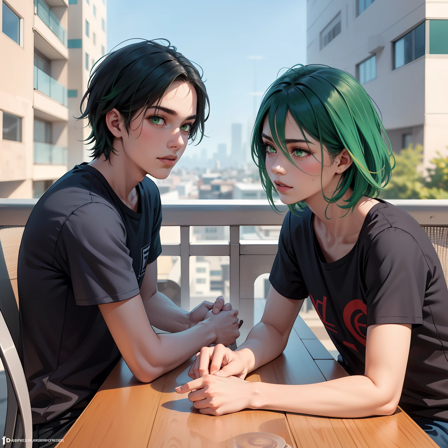 Two 15-year-old teenage friends with Latin skin and bright green hair light green eyes at school are talking about an important topic are friends almost like brothers.de fondo se ve una hermosa ciudad moderna y plateada......
