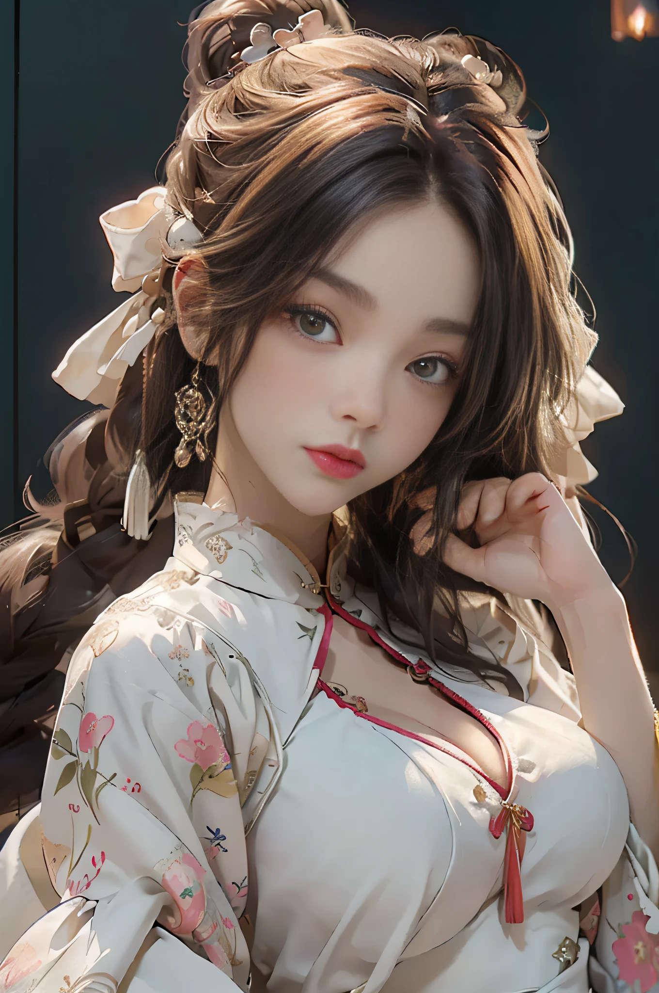 {high high quality}，tmasterpiece，colored ink drawing， cute  face， big breasts beautiful， 1girll， （playing_pipa， holding a pipa）， themoon， Best quality at best， 8k， closeup cleavage， sitted，Full body like，white  clothes，see-through transparent clothes