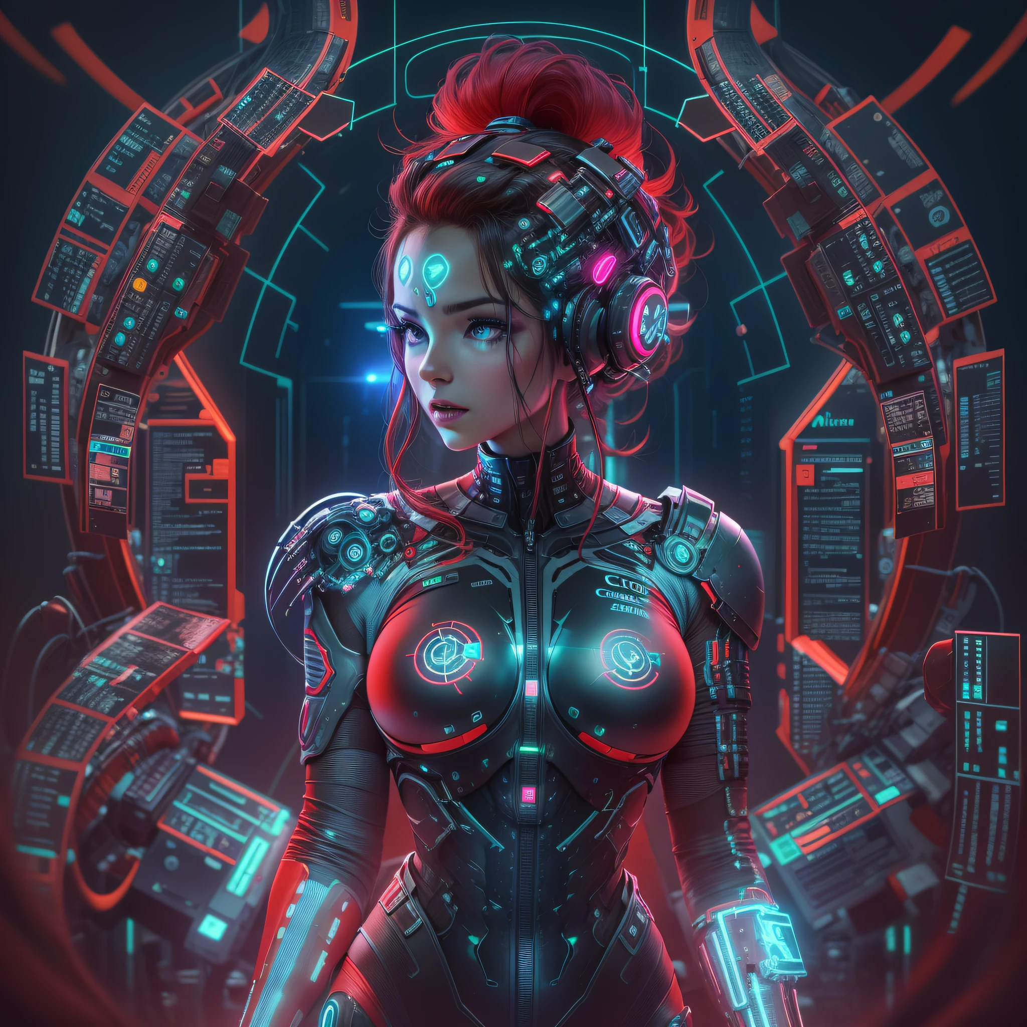 mujer cyborg exuberante y voluptuosa echa de cristal que deja ver su interior, repleta de motores, reles. circuitos y luces indicadoras led de color verde,azul y rojos. fondo sala de control de spacecraft.
