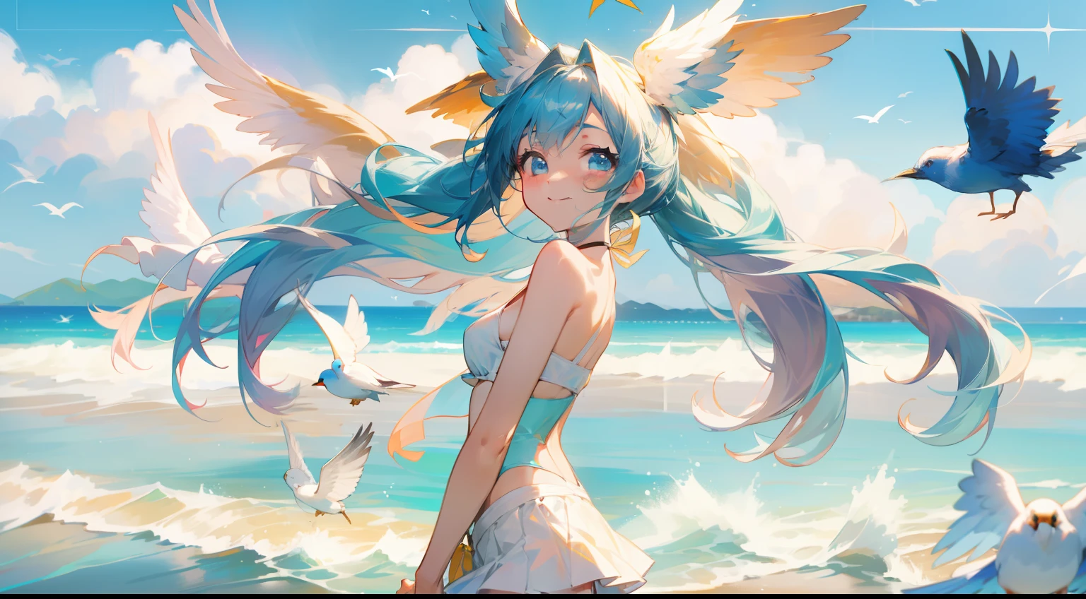 8k、Seaside resort illustration with ultra high definition detail。The subject is1People Beautiful Woman。She wears a sleeveless micro bikini、I'm wearing miniskirt-length bottoms.。Hair tied in a ponytail fluttering in the wind、Raise your hands with a bright smile。
Blue sea and white sandy beach in the background、Depicts a large number of blue birds flying away from the subject。Blue sky and white clouds in the distance、You can feel the bright and refreshing atmosphere of the resort。
The pose is energetic and aggressive、Cross your arms like an X in front of your chest.。
Micro bikini and miniskirt costumes、Although it is worn lightly, It expresses the glamour of the resort.。Fine details are also drawn on the design of the bikini and bottom。
Her expression is bright and smiling.、You can feel them enjoying a good time at the resort。
The composition is centered around the subject.、Background depicts the sea and a flock of blue birds。
The lighting is bright and refreshing、Illuminates the entire area.、Highlight the brightness of the resort。
The colors are vivid、Blue of sea or sky、The whiteness of the sandy beach is clearly expressed。
Effects include:、Includes hair fluttering in the wind and blue birds flying.、The fun and vibrancy of the resort is expressed。
Background effects are、Depicts sandy waves and details、The bright and refreshing atmosphere of the resort is emphasized。