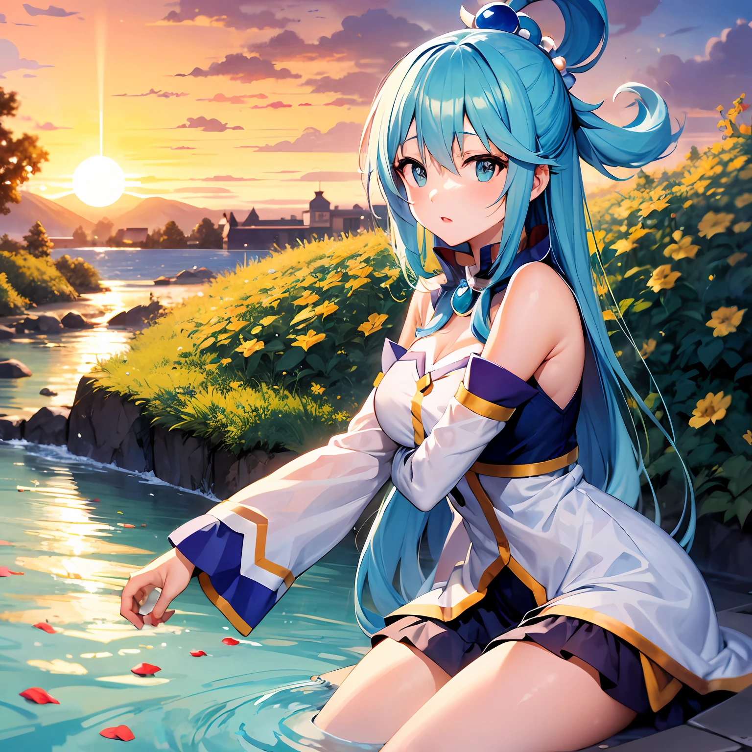 [(fundo branco:1.5)::5], (Fundo da garrafa:0.9), 1 girl (aqua_konosuba, olhos azuis, cabelos azuis longos), tiro no meio, corpo inteiro, Borboletas, floating petal, fragmento de pedra, beautiful detailed water, Cloud, sol, twilights, Sunset, bela nuvem detalhada,