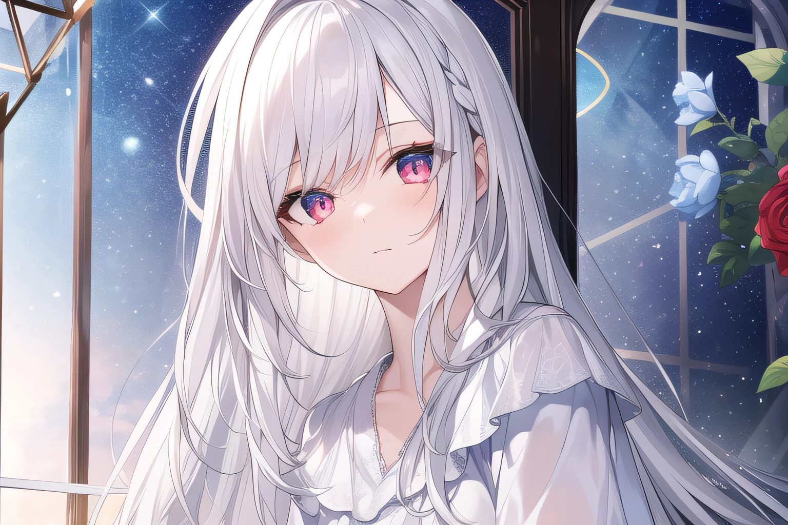 ((Masterpiece, Best quality))++, Detailed light+,  Detail hair+, detail hand+ ,1girll, woman, Long hair,   dark red eye,  Beautiful eyes, Young gray hair,,(Beautiful white hair:1.5),(Beautiful detailed eyes),    high resolution+,   Rose,   White skirt, Glass tones, Reflective eyes, ((Halo)),  {{Angle}} , extremelydetailedwallpaper, Original,
