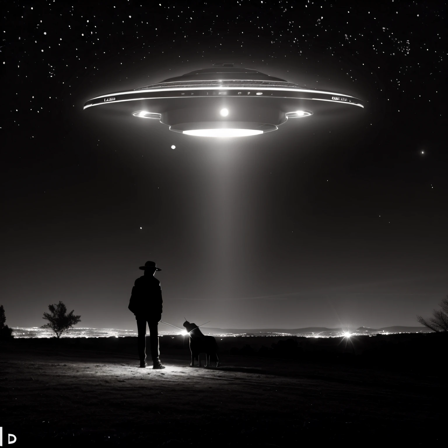 Flying saucer in black color stopped in the night sky , um homem e um cachorro observando o disco voador imagem super detalhada do disco voador e do homem e o cachorro, Ultra HD |, 8k
Waiting to get started