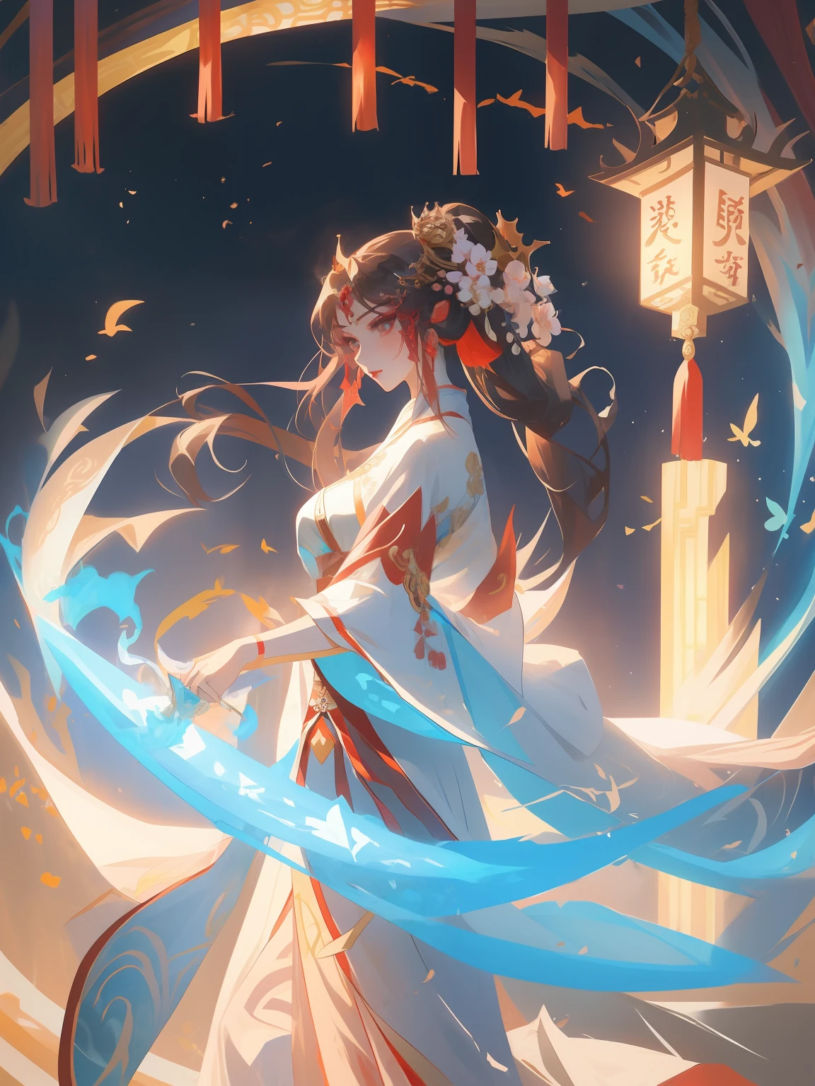 Draw a woman in a dress,Holding an umbrella with flowers, Palace , A girl in Hanfu, Hanfu, Princesa chinesa antiga, China Princess, Inspired by Lan Ying, ((a beautiful fantasy empress)), White Hanfu, a beautiful fantasy empress, Inspired by Qiu Ying, xianxia fantasy, Chinese fantasy, Alice X. zhang