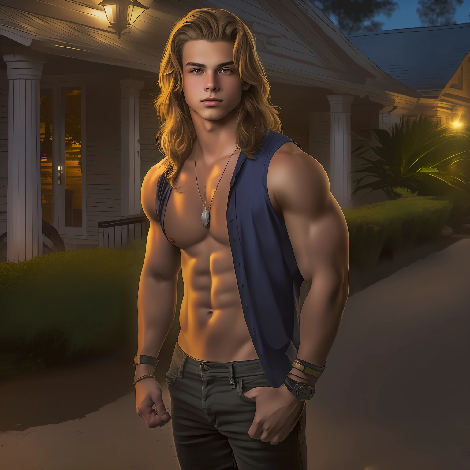 An 18-year-old boy bully, embodying the perfect fusion of Joey Lawrence and Cody Calafiore with long hair, exuding an aura of strength and confidence. Enhanced with HDR technology, this image depicts a true masterpiece, 4K resolution, in the style of Tom Bianchi, outdoor lighting, light reflections