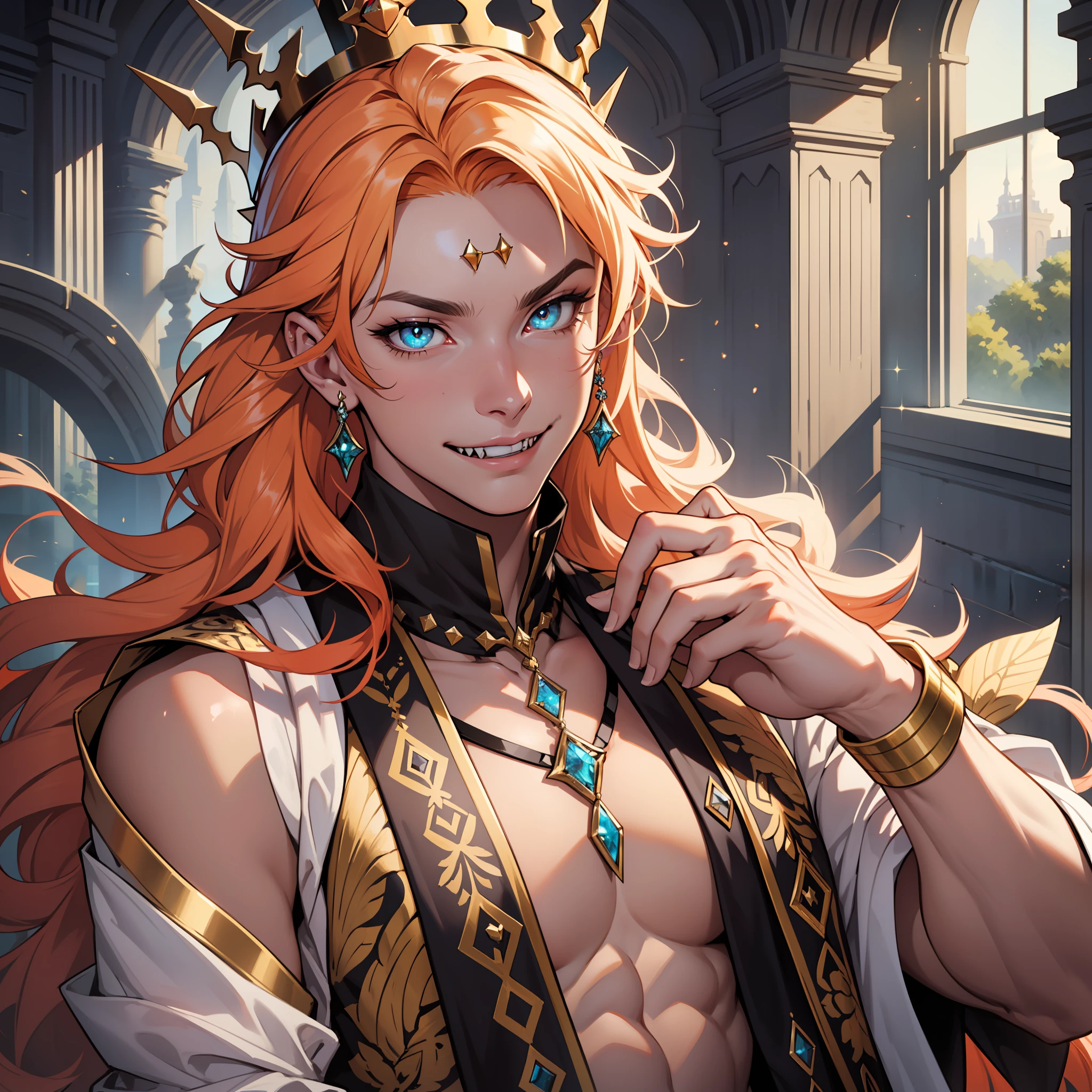 Sebastian's hair is like orange silk, flowing gently across his cheeks, framing a chiseled visage sculpted with perfect symmetry. His amber eyes sparkle like jewels set in a crown as he gazes on the world around him with a calm contentment. His lips twist into a mischievous grin, revealing sharp fangs.