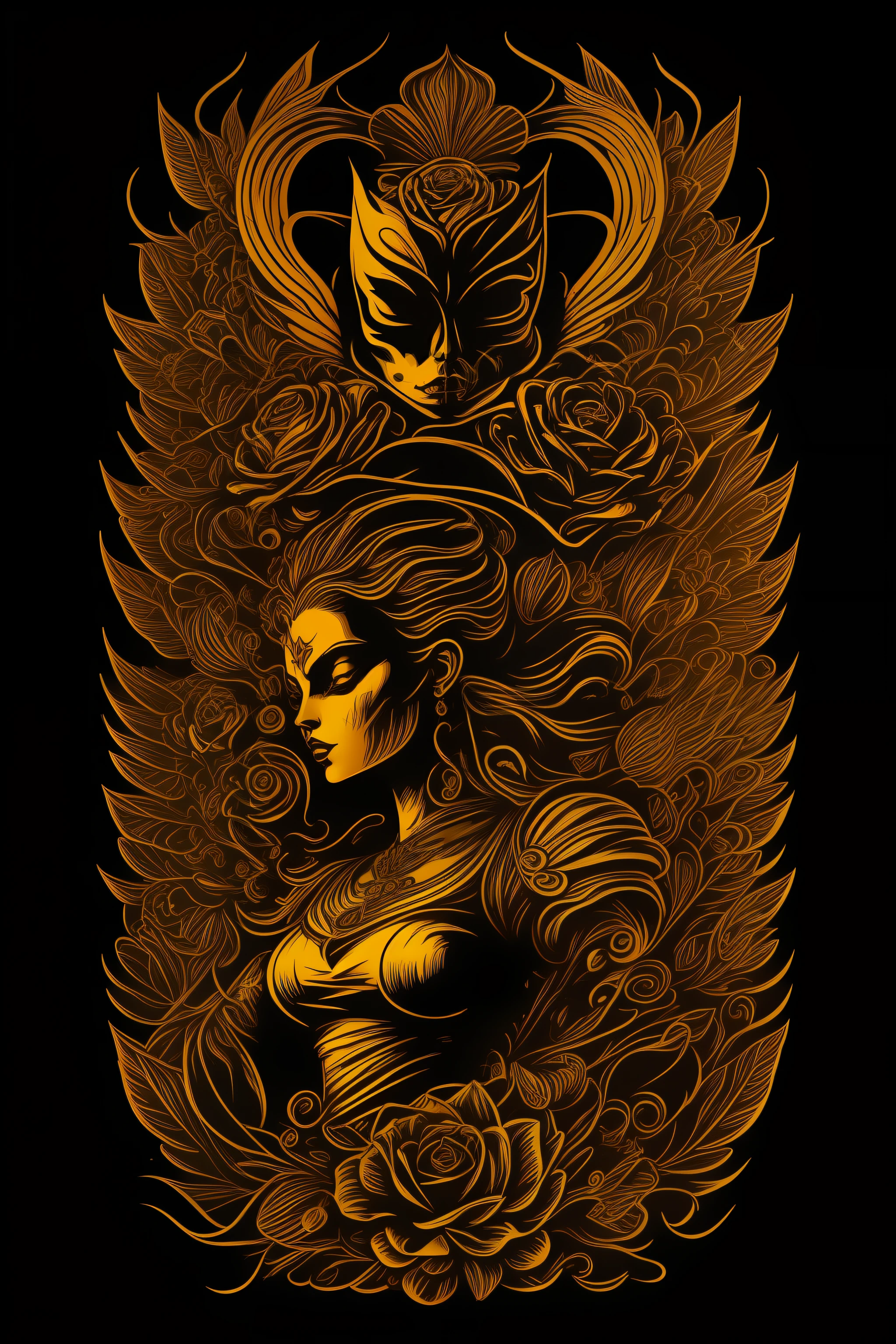 (High quality Chicano airbrush art),(masterpiece, best quality, ultra-detailed),ultra-detailed,8K resorution,(full-length portrait),(black background),(symmetrical),(Vertical symmetry),(beautiful woman, angel, Devil)),((brightly colored)),t-shirt design,roses, gold and black, symmetrically placed on both sides,(detailed additions),(iconography),(Lavi Zupa:1.2),high contrast
