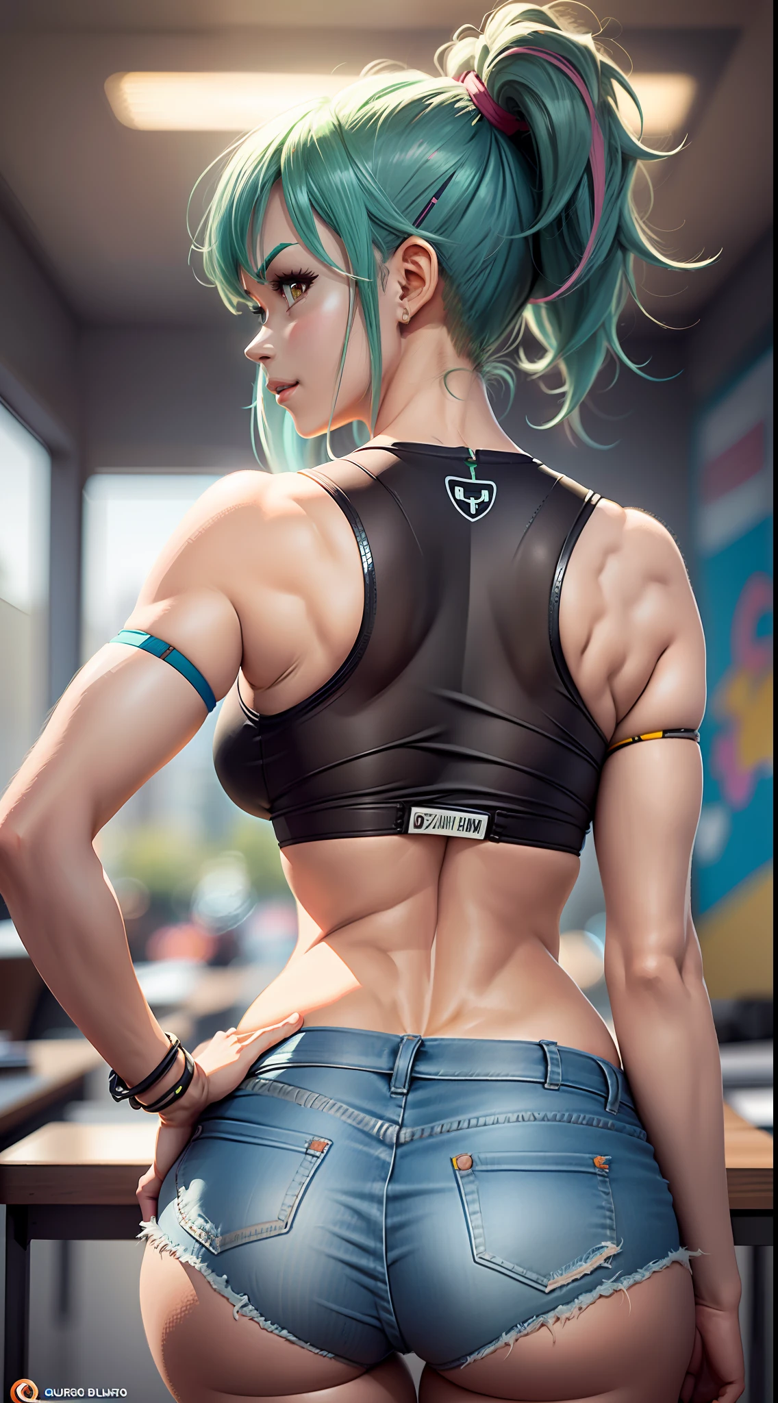 obra-prima, Ultra High Definition, maximum resolution, 8k, Bulma (Dragon Ball), jovem, sozinha, (corpo inteiro) magra, (identical to anime), quadris largos, coxas grossas, bunda grande, bunda empinada, rosto muito detalhado, olhos muito detalhados, delicate strokes, wear a micro short e mini blusa, natural lightting, sorriso malicioso , (back view)