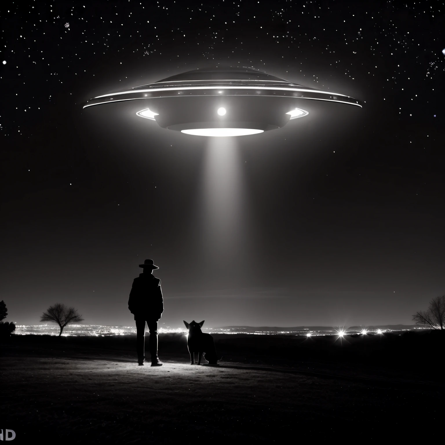 Flying saucer in black color stopped in the night sky , um homem e um cachorro observando o disco voador imagem super detalhada do disco voador e do homem e o cachorro, Ultra HD |, 8k
Waiting to get started