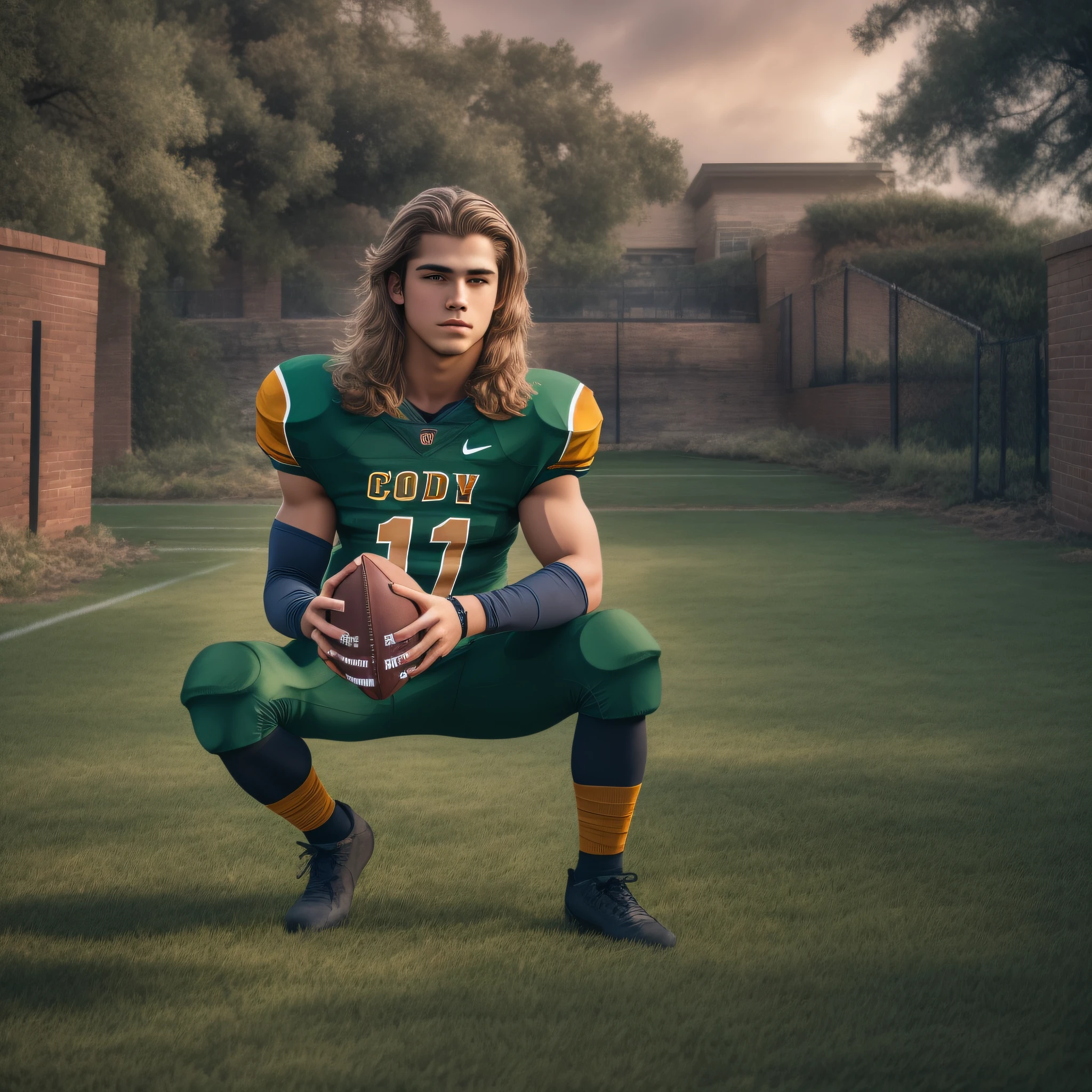 An 18-year-old boy frat bro, embodying the perfect fusion of Joey Lawrence and Cody Calafiore with long hair, exuding an aura of strength and confidence. Enhanced with HDR technology, this image depicts a true masterpiece, 4K resolution, varsity football jersey