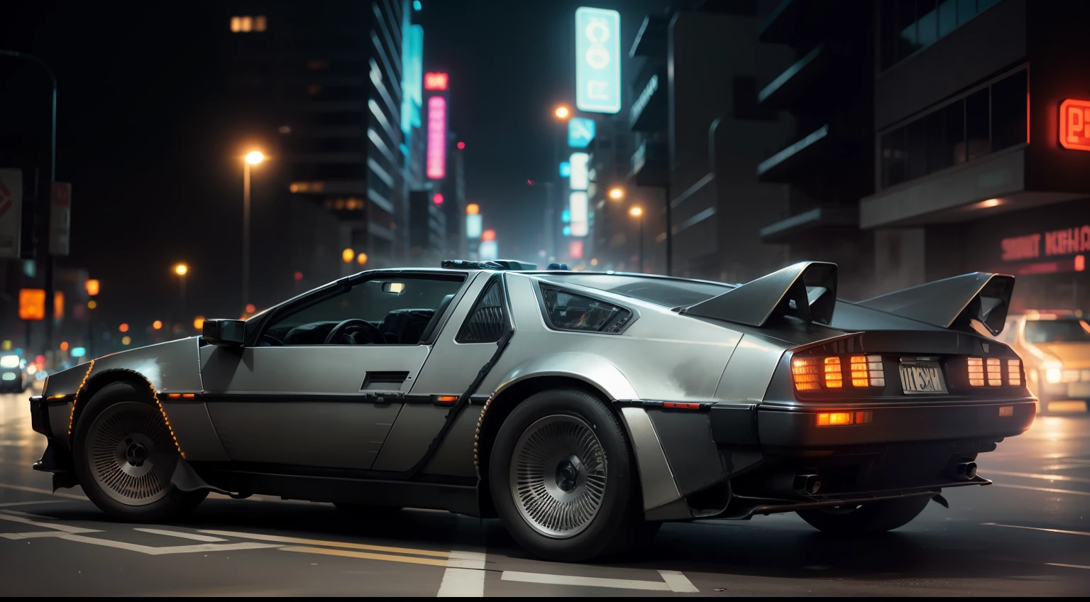 the delorean car speeding in a cyberpunk street at night