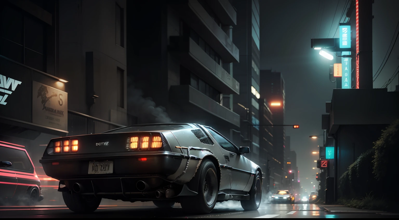 the delorean car speeding in a cyberpunk street at night