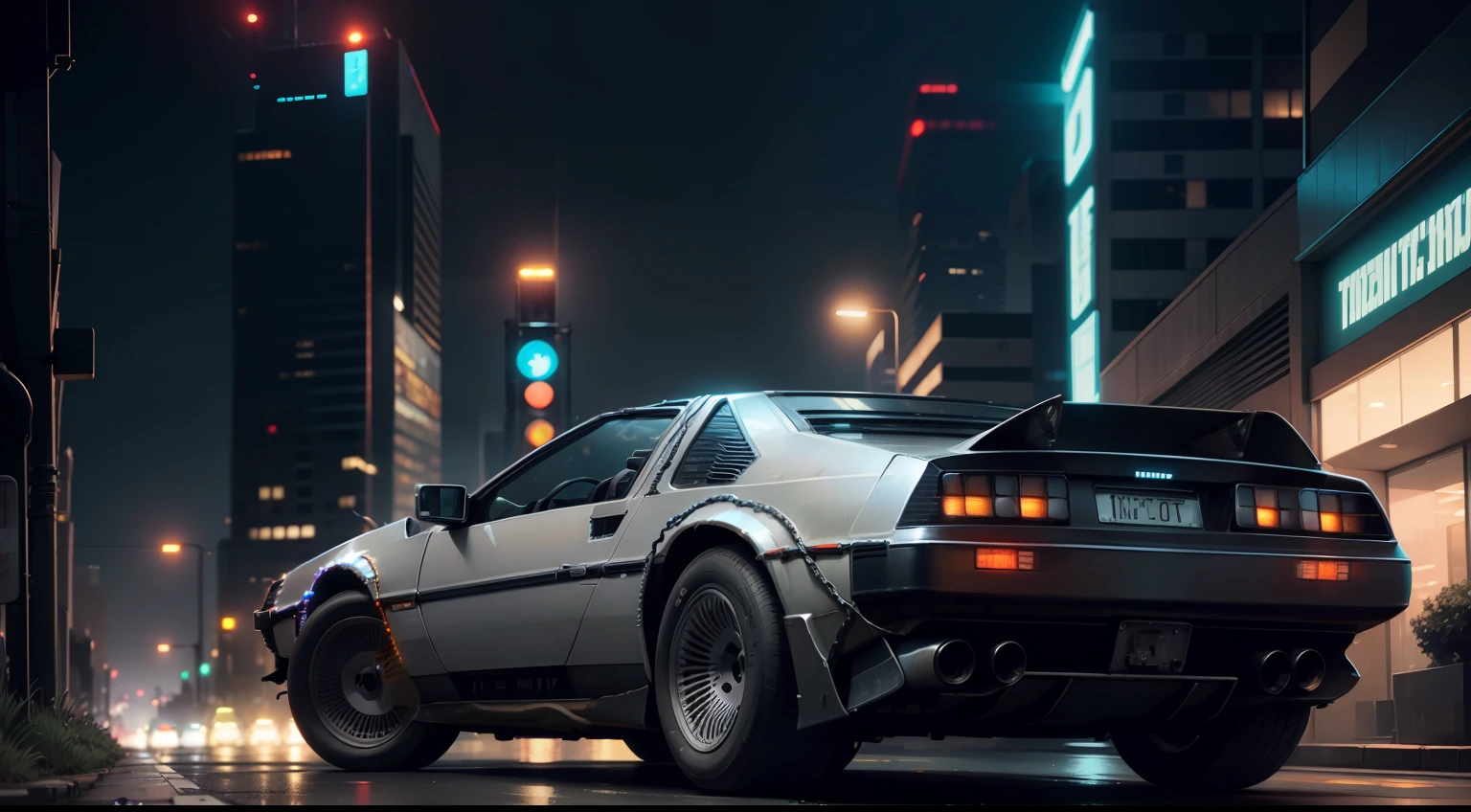 the delorean car speeding in a cyberpunk street at night