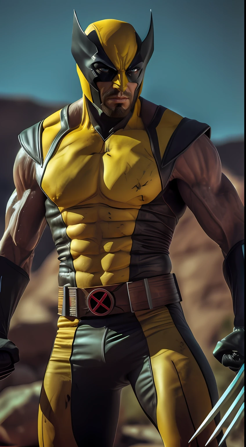 A close up of a wolverine statue with a yellow shirt and black gloves -  SeaArt AI