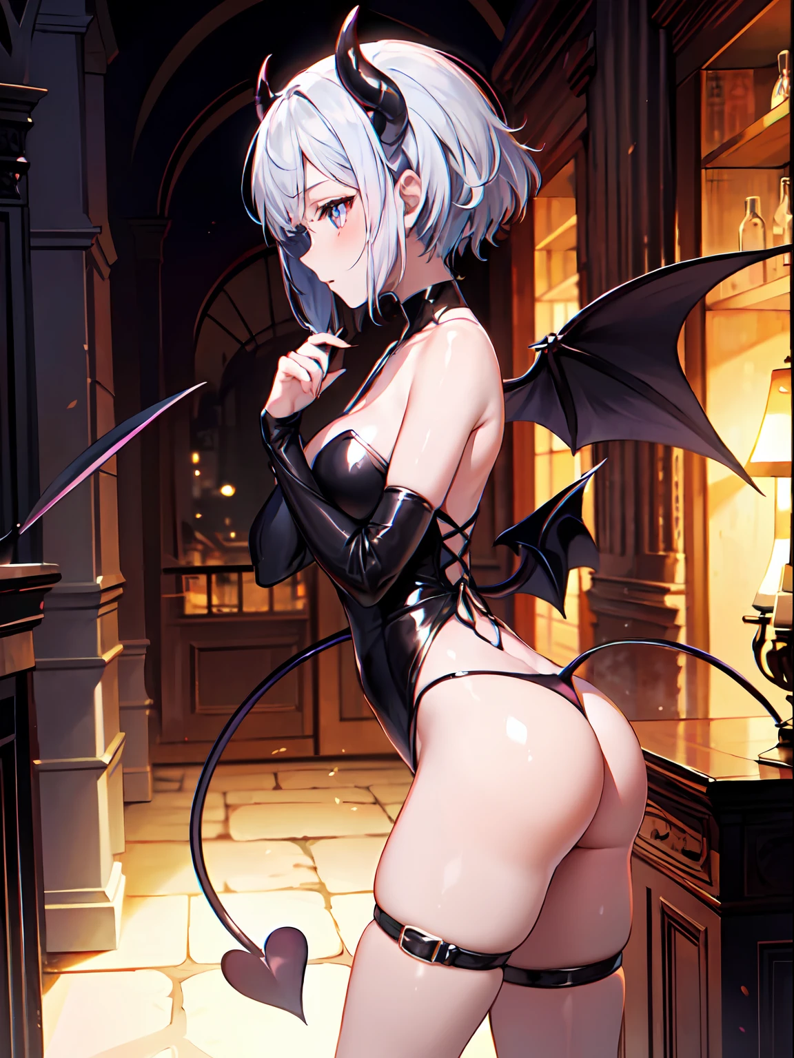 (masterpiece, best quality),from side,1girl,solo,(demon tail),rhombus,ass,shiny_skin
