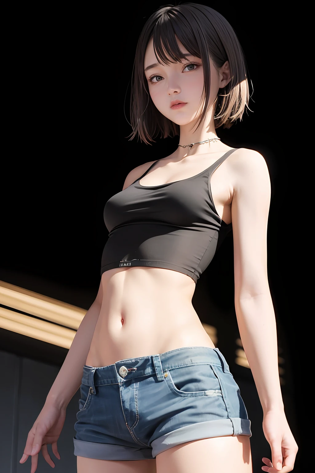 ((medium breasts, tomboy, small head)), (perfect body: 1.1), (short wavy hair: 1.2), auburn, collar, chain, full body shot, crowded city, black tank top , jeans jacket, (shorts), (extremely detailed CG 8K wallpaper), (extremely delicate and beautiful), (masterpiece), (best quality): 1.0), (super high resolution: 1.0), beautiful lighting, perfect Lightning bolts, realistic shadows, [high resolution], detailed skins, ultra-detailed ((colorful))