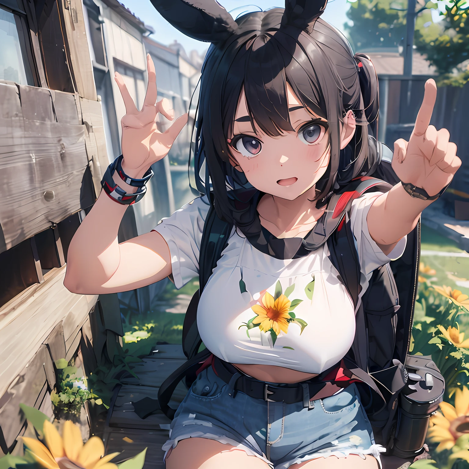 jumping pose、Dynamism、pulling the hands up、Side Focus、Looking up at the blue sky、夏天、Cropped sailor suit、Low Rise Denim Hot Pants、rucksack、Sun flower、Thick eyebrows、(Huge backpack:1.5)、Brown skin、small tits、flats、电影灯光、small tits、Rabbit ears、(masterpiece)、((top-quality))、(ultra-detailliert)、(8K)、shinny skin、Full Body Anime Girl、Clean and detailed anime face、High Resolution Anime Eyes、Five Fingers、textile shading、The perfect human structure、