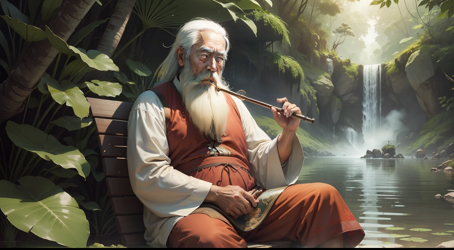 Portrait of old Asian man with long beard and angel eyes, looking at the lake, in the rainforest, ''sitting with a flute in his mouth playing a song''