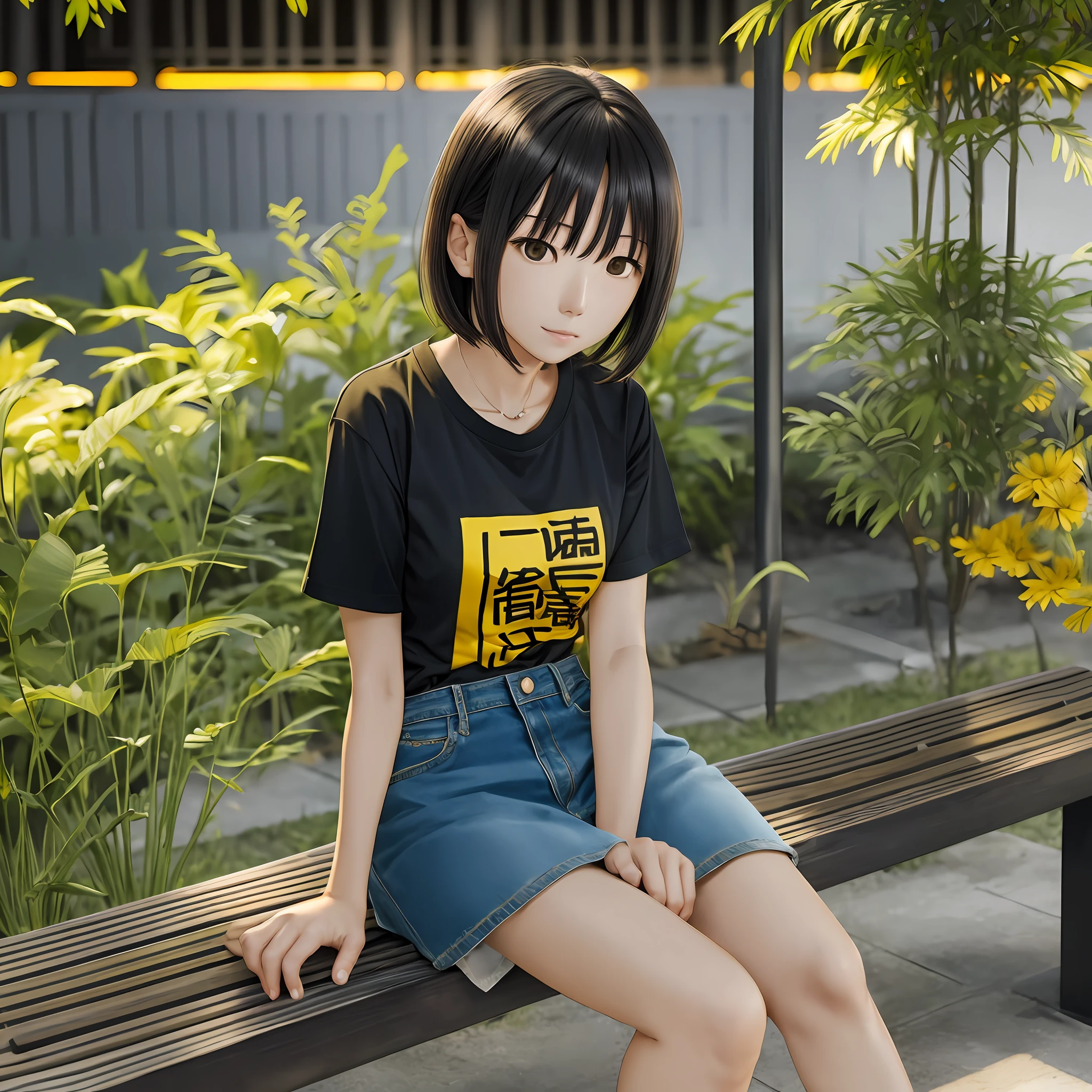 nakahara misaki, blown short straight hair, wearing two-tone yellow and black T-shirt, denim skirt, sitting on bench, simple green garden, lawn, ((night)), (dark), emotionless, looking at viewer, highest quality, high resolution. --auto --s2