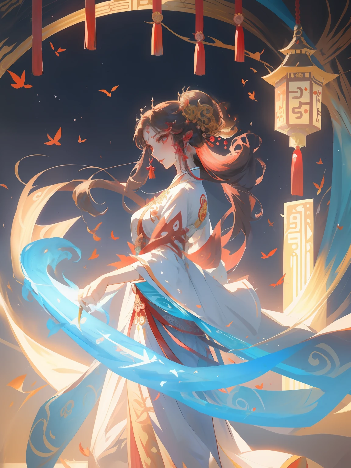 Draw a woman in a dress,Holding an umbrella with flowers, Palace , A girl in Hanfu, Hanfu, Princesa chinesa antiga, China Princess, Inspired by Lan Ying, ((a beautiful fantasy empress)), White Hanfu, a beautiful fantasy empress, Inspired by Qiu Ying, xianxia fantasy, Chinese fantasy, Alice X. zhang
