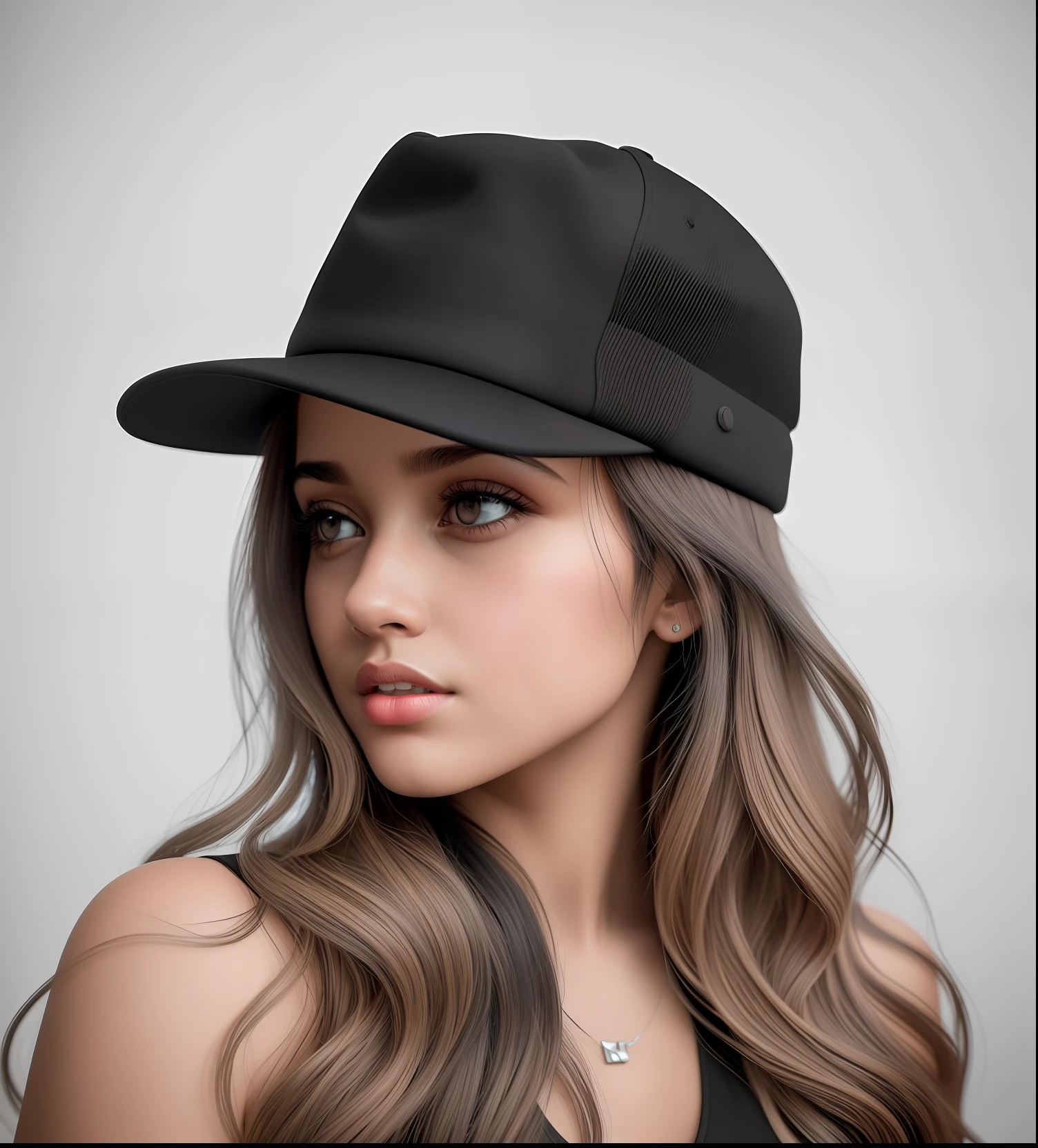 Raped woman with long hair wearing a black hat and a black sports bra, foto oficial do produto, black cap, Foto do produto, black hat, imagem oficial do produto, Produto fosco todo preto, tampas laterais, Vanta Preto, cara cheia, dark hat, Por Veno Pilon, Chiaroscuro Vantablack, viseira, realista, rosto perfeito, tyfotografiarrealista, fotografia, obra-prima, realista, Realismo, renderizado, Alto contraste, arte digital, fotográficorealista, trend in Artstation 8k HD, High definition, circunstanciado, Realistic;, detalhada, textura da pele, hiperdetalhada, Textura realista da pele, armadura, melhor qualidade, ultra high-resolution, (fotografiarrealista: 1.4), alta resolução, detalhada, fotografia crua, sharp re, Deireção: Lee Jeffries Nikon D850 Film Stock Photography 4 Camera Kodak Portra 400 Lens F1.6 colors rich hyper realistic texture dramatic lighting unrealengine trend in artstation cinestill 800, RAW.