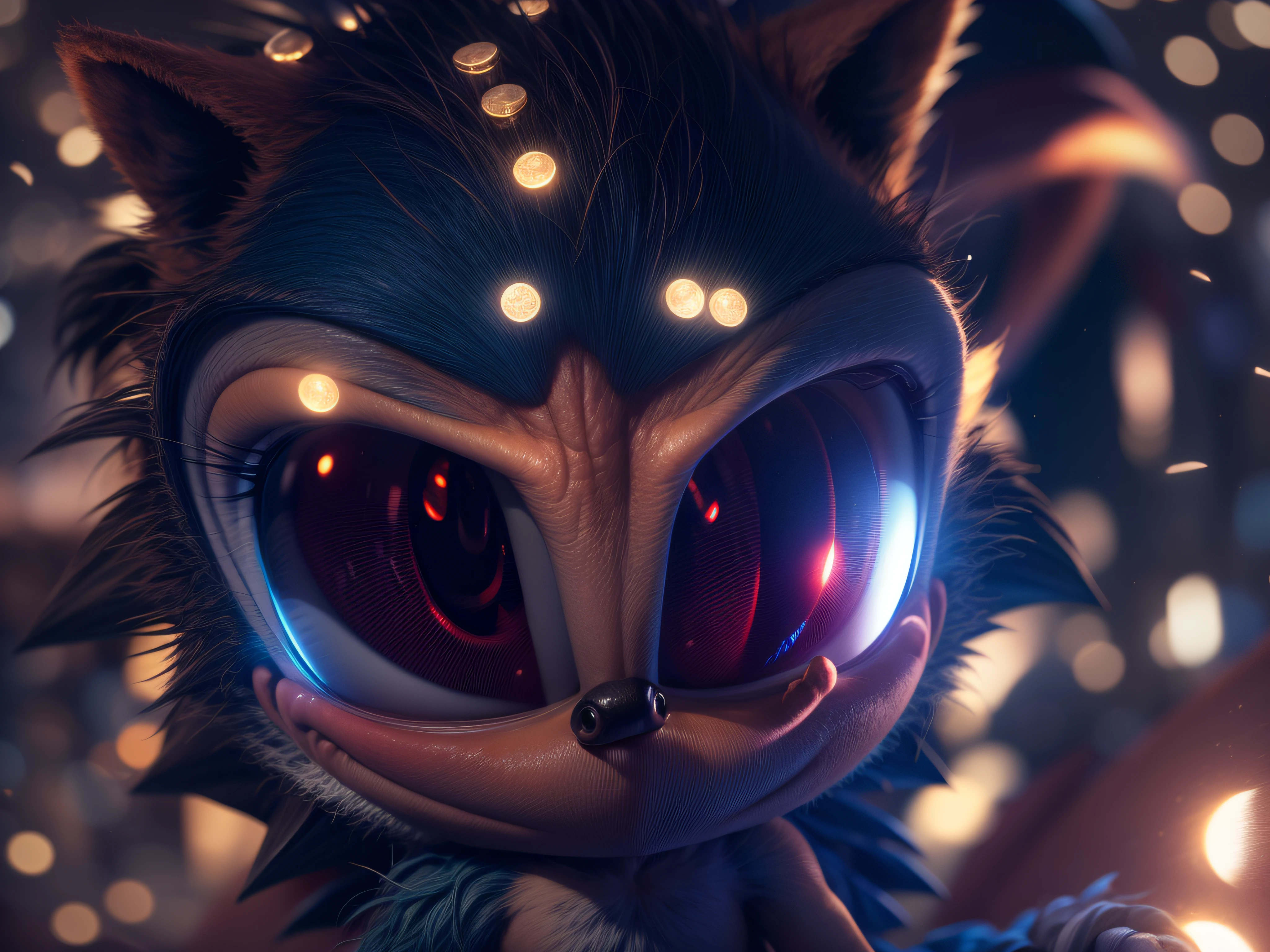 Close a powerful threat, Sonic's imposing appearance, The Hedgehog, menacing stare, ricamente detalhado, Hiper realista, 3D-rendering, obra-prima, NVIDIA, RTX, ray-traced, Bokeh, Night sky with a huge and beautiful full moon, estrelas brilhando,