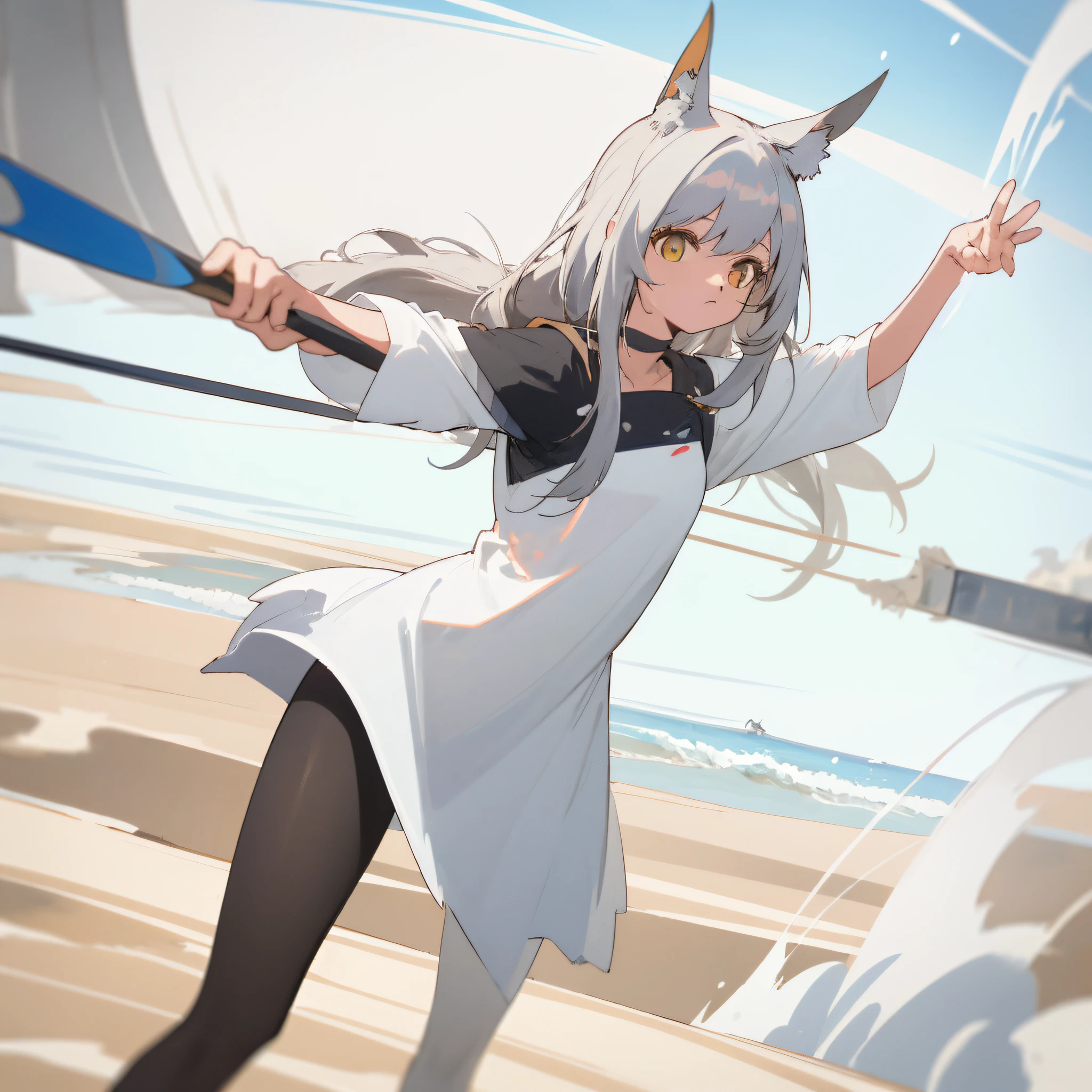 obra-mestre, hiper qualidade, hiper detalhado, desenho perfeito, 1 menina bonita, cabelo longo, cabelo branco, orelhas de gato, de arknights, olhos ambar, camisa folgada e preta, Black pantyhose, fofo, altura 70 cm, orelhas brancas