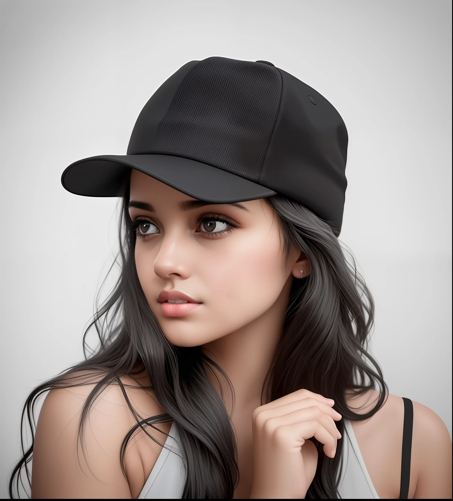Raped woman with long hair wearing a black hat and a black sports bra, foto oficial do produto, black cap, Foto do produto, black hat, imagem oficial do produto, Produto fosco todo preto, tampas laterais, Vanta Preto, cara cheia, dark hat, Por Veno Pilon, Chiaroscuro Vantablack, viseira, realista, rosto perfeito, tyfotografiarrealista, fotografia, obra-prima, realista, Realismo, renderizado, Alto contraste, arte digital, fotográficorealista, trend in Artstation 8k HD, High definition, circunstanciado, Realistic;, detalhada, textura da pele, hiperdetalhada, Textura realista da pele, armadura, melhor qualidade, ultra high-resolution, (fotografiarrealista: 1.4), alta resolução, detalhada, fotografia crua, sharp re, Deireção: Lee Jeffries Nikon D850 Film Stock Photography 4 Camera Kodak Portra 400 Lens F1.6 colors rich hyper realistic texture dramatic lighting unrealengine trend in artstation cinestill 800, RAW.