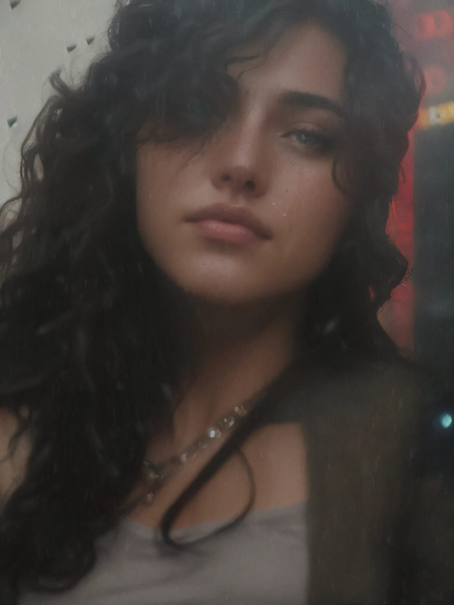 gorgeous woman with wavy hair detailed alluring eyes Thigh gap long sexy legs wearing tiny shorts tshirt in beautiful futuristic cyberpunk+ city, mist, wet, raining, best quality masterpiece, photorealistic, detailed, 8k, HDR, shallow depth of field, broad light, high contrast, backlighting, bloom, light sparkles, chromatic aberration, sharp focus, RAW color photo