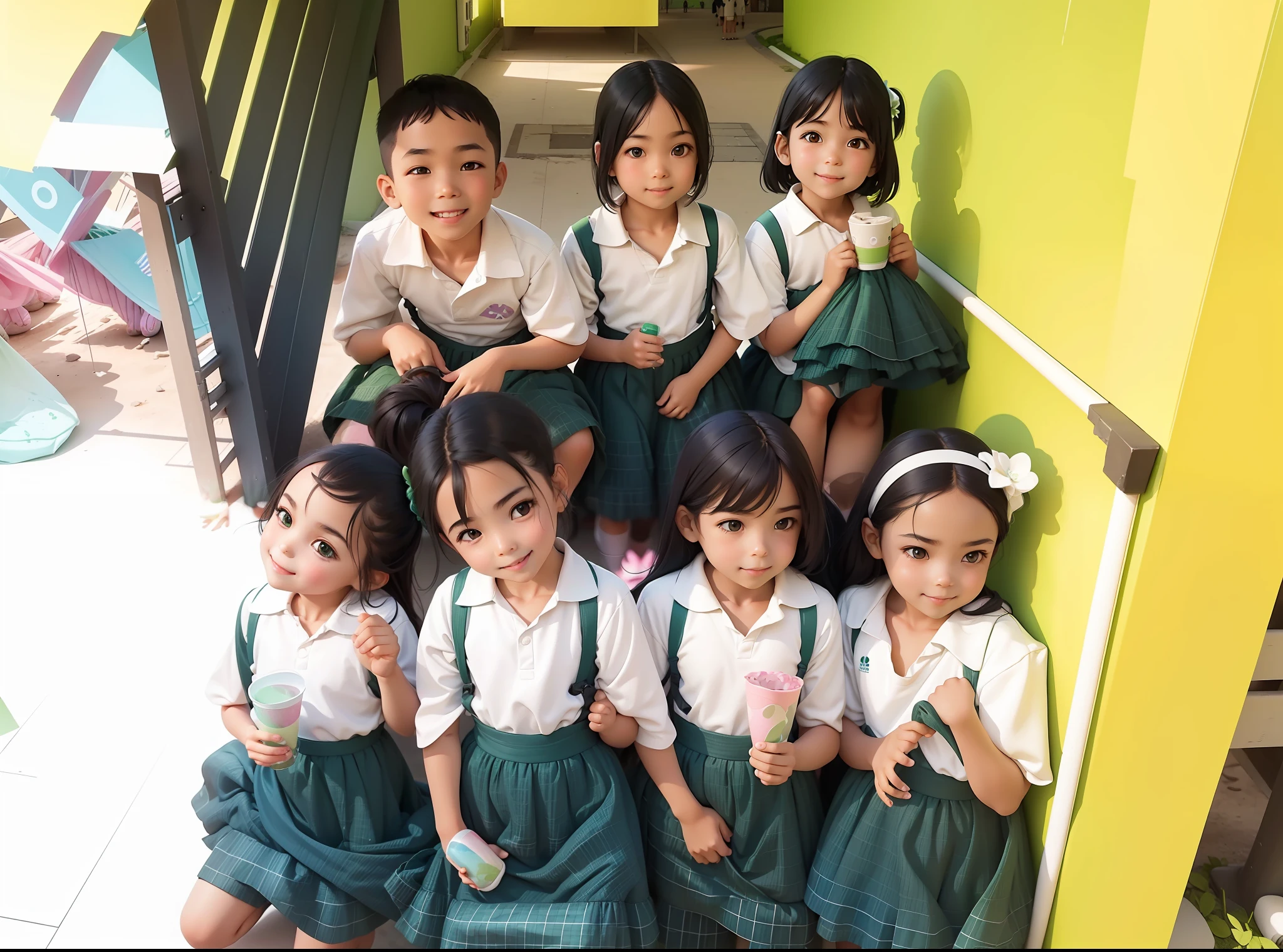 Broken [green: white: 0.5] theme, ((gradient background: 1.1)), 1 group of children in line, ((smile)), black hair, white top, blue sneakers, panorama, very detailed, best quality, 4k, movie light effects