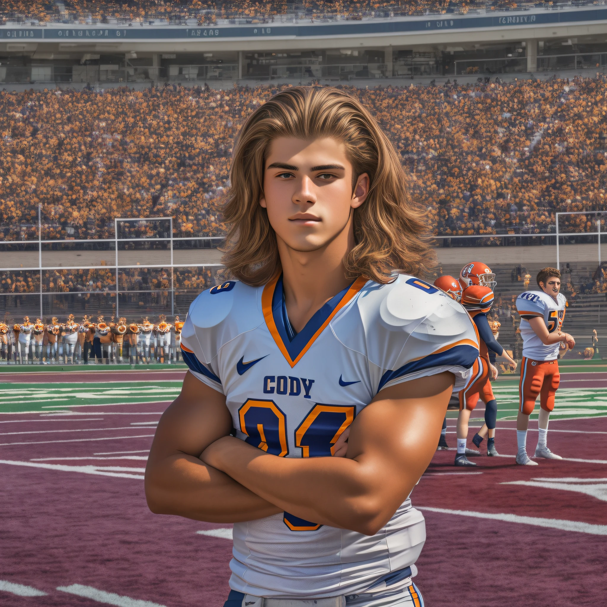 An 18-year-old boy frat bro, embodying the perfect fusion of Joey Lawrence and Cody Calafiore with long hair, exuding an aura of strength and confidence. Enhanced with HDR technology, this image depicts a true masterpiece, 4K resolution, varsity football jersey