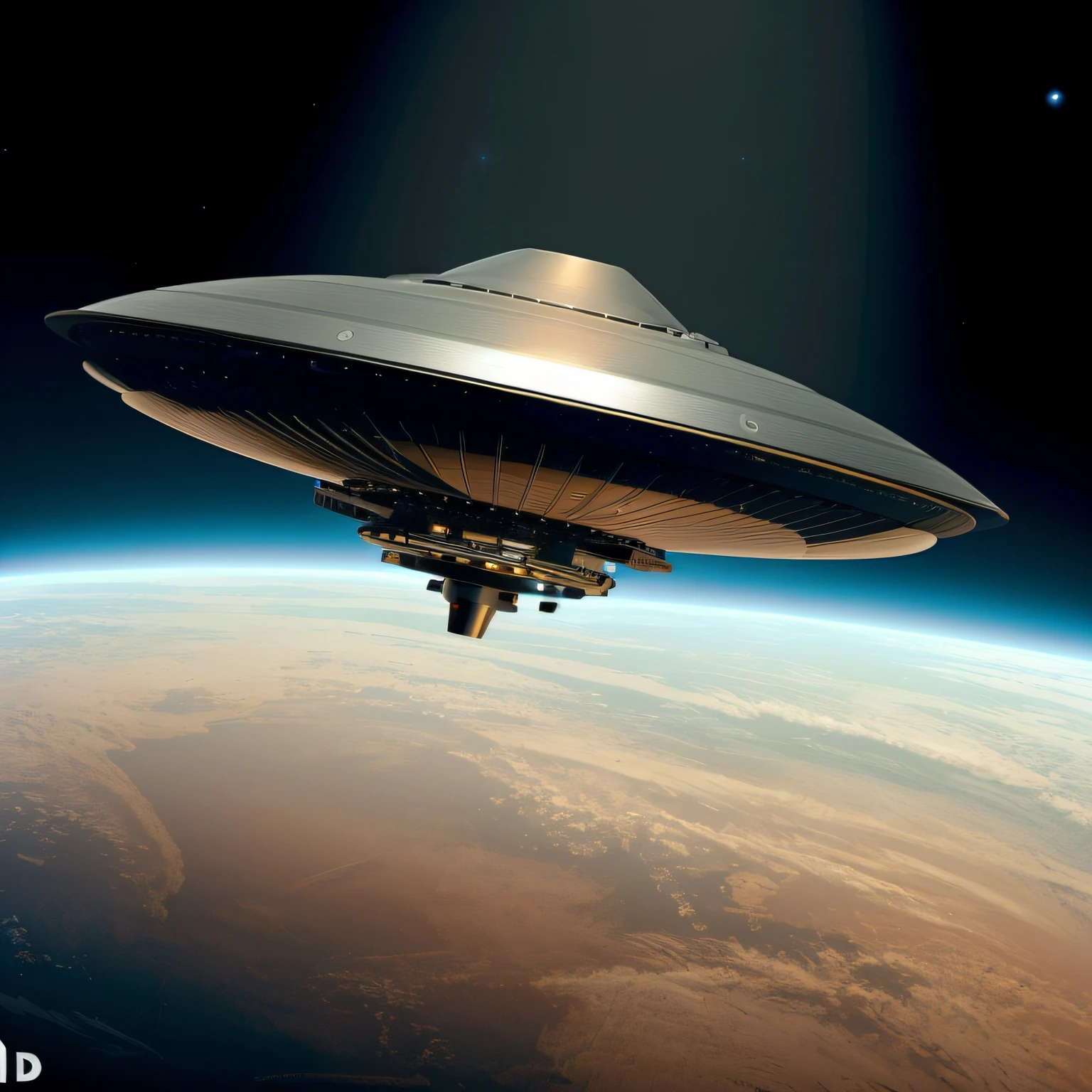 Flying saucer in black color stopped in the night sky , imagem super detalhada do disco voador, Ultra HD |, 8k