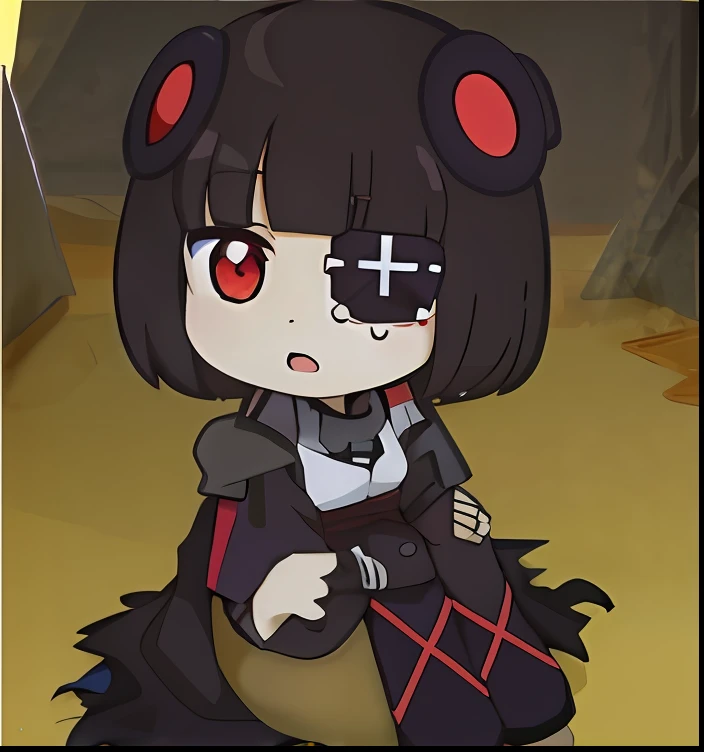 Anime characters with red eyes with blindfolds and black hair sitting on a yellow surface, the anime girl is crouching, gapmoe yandere grimdark,